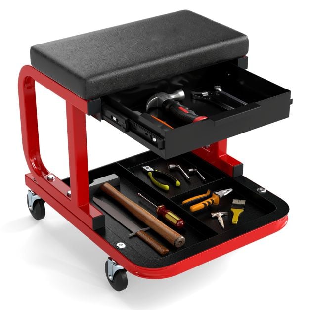 Polsterdatud mehaanikutool tööriistakasti sahtli ja universaalsete ratastega, ratastel iste, kandevõime 185 kg, must
