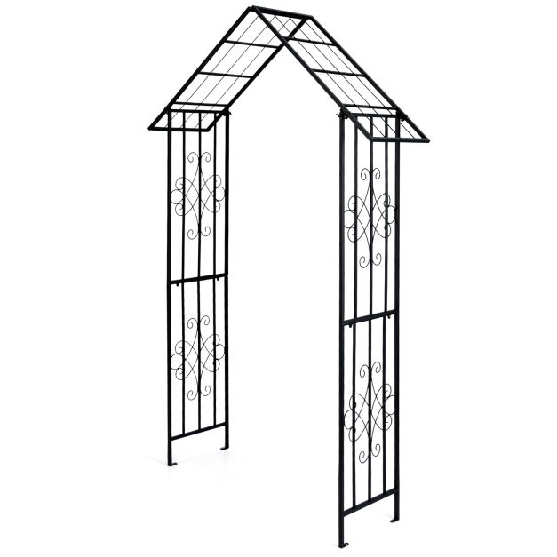 Katusekujulise ülaosa ja külgmiste risti-põiklattidega metallist aiakaar ning pergola ronitaimedele (140 x 40 x 223 cm)