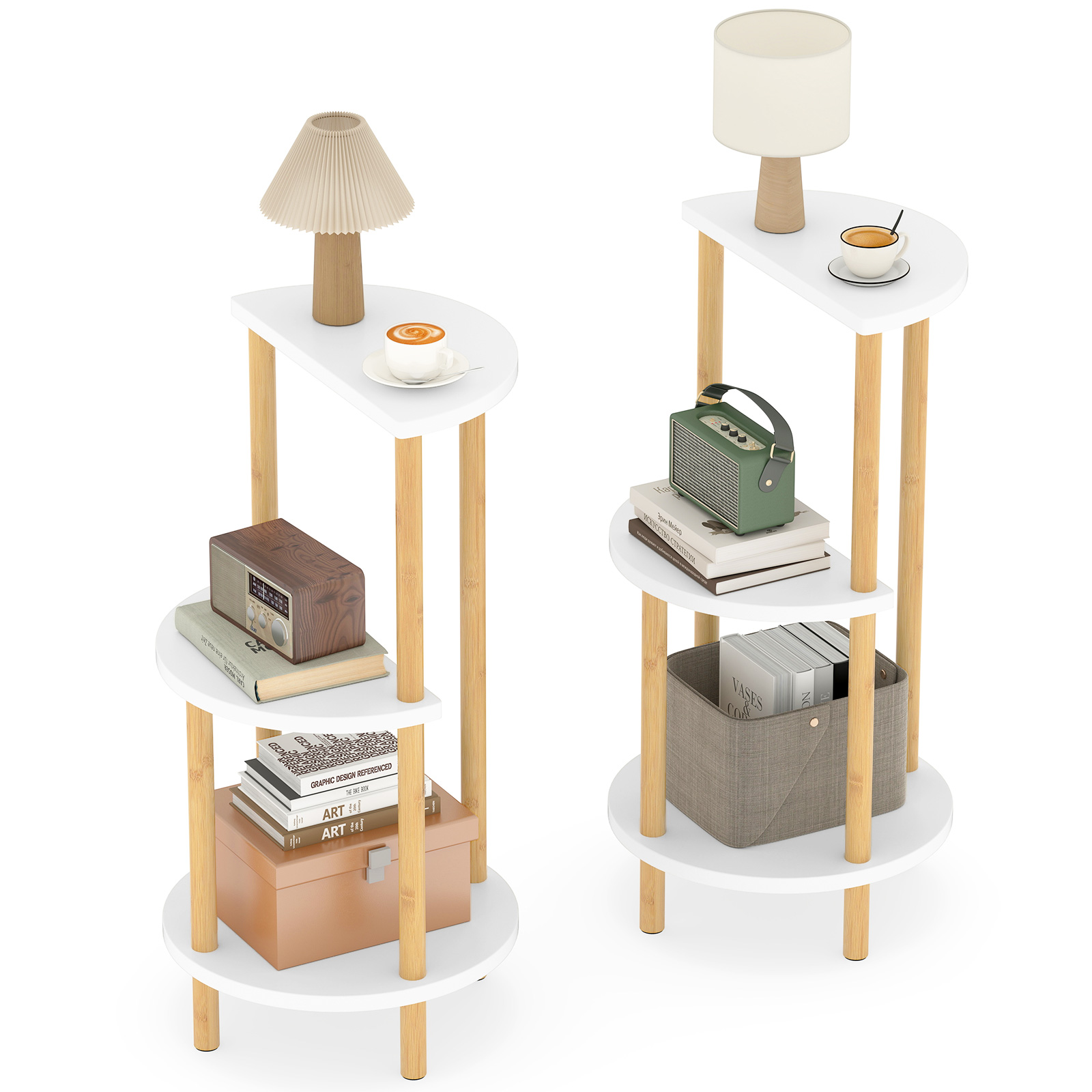 Kolmetasandiliste avatud riiulitega tugevast bambusest ümmargused diivani-abilauad ja öökapid (2 tk komplekt), valge