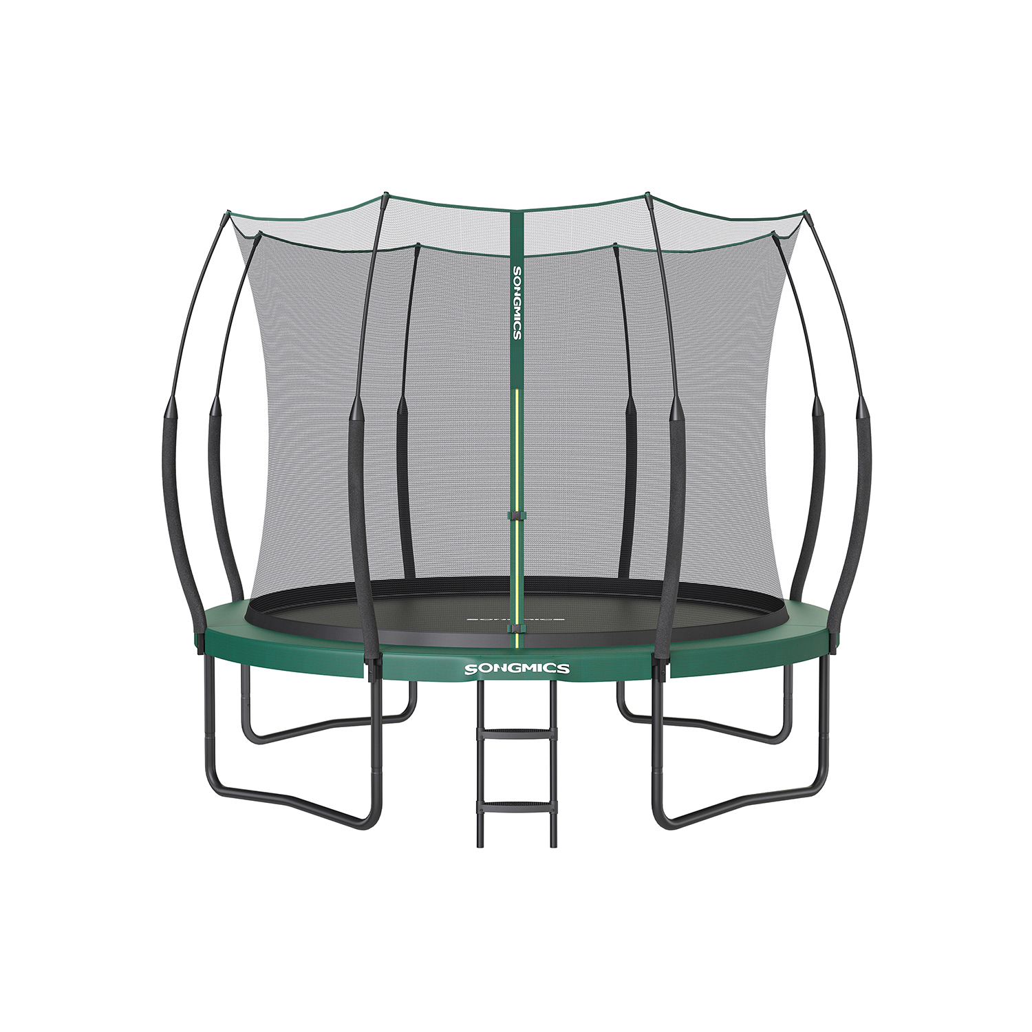 Vedruvaba batuut turvavõrguga – Vaikne ja ohutu õuebatuut lastele Ø 305 cm, klaasfiiberpostid, elastiknöörid, tumeroheline