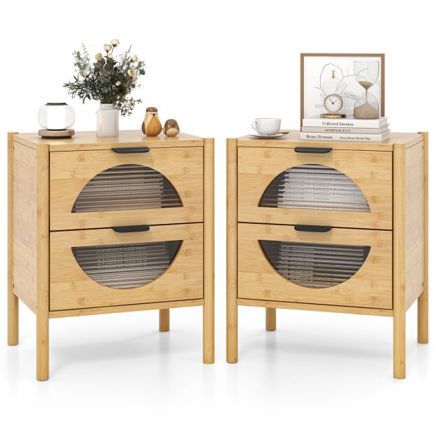 Karastatud klaasist esipaneeli ja 2 sahtliga Mid-Century modernsed bambusest öökapid ning stiilsed abilauad (2 tk komplekt), naturaalne