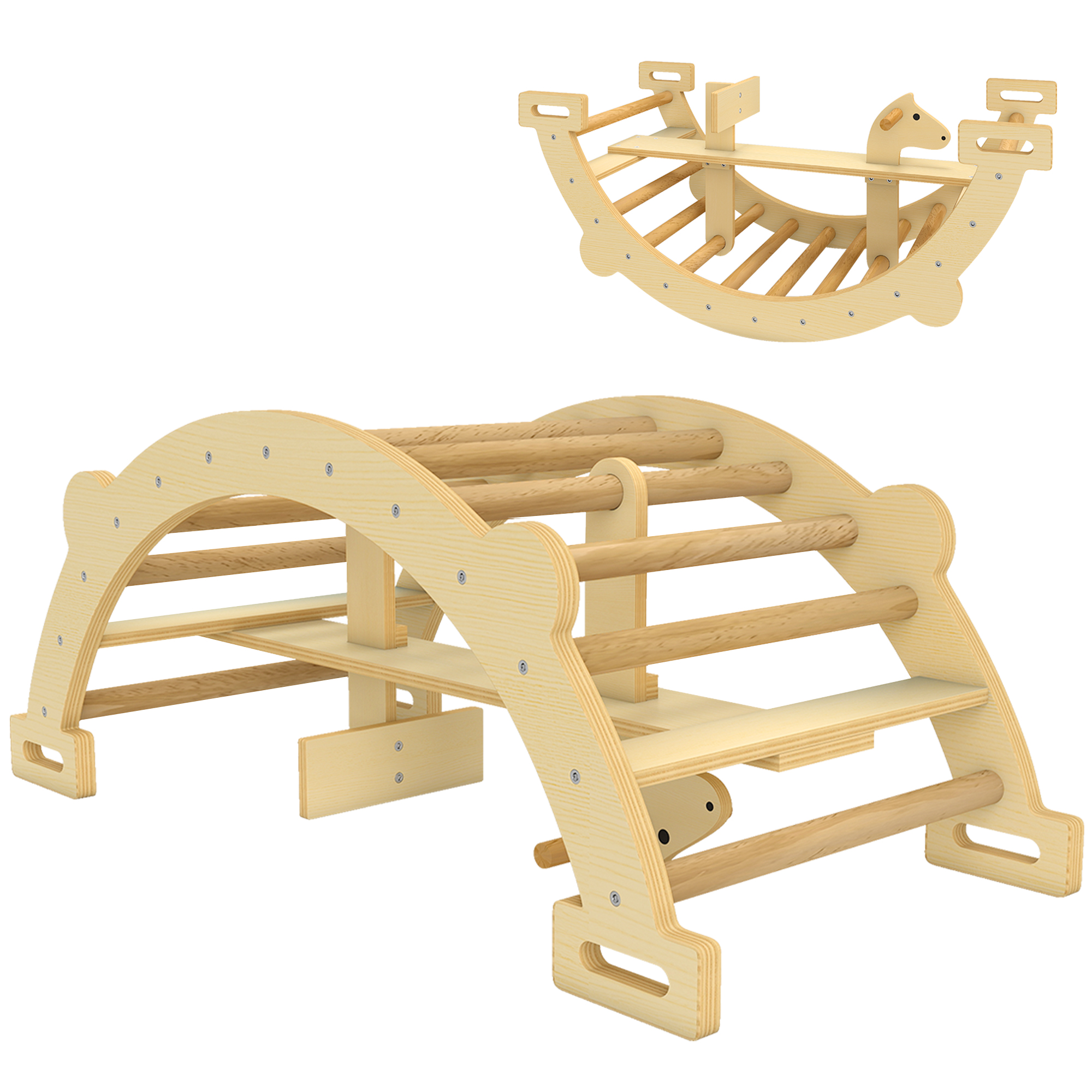 Montessori siseronimisraam, 2-ühes puidust ronimiskaarega, lastele vanuses 2-4 aastat, 110x52x45 cm, naturaalne puit