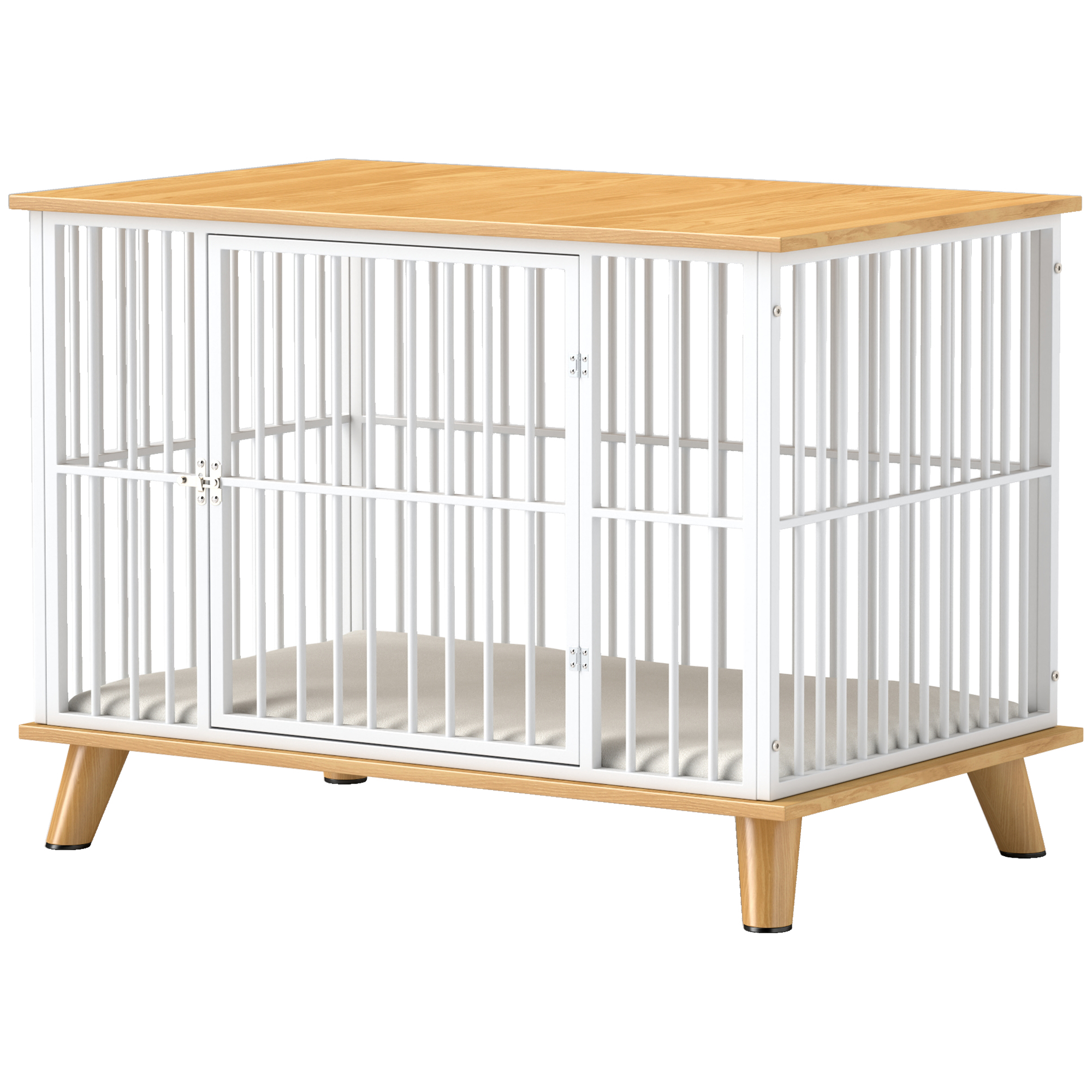 Koerapuur lukustatava uksega, eemaldatava padjaga, hea ventilatsiooniga, teras, 86x60x70 cm, valge+hall