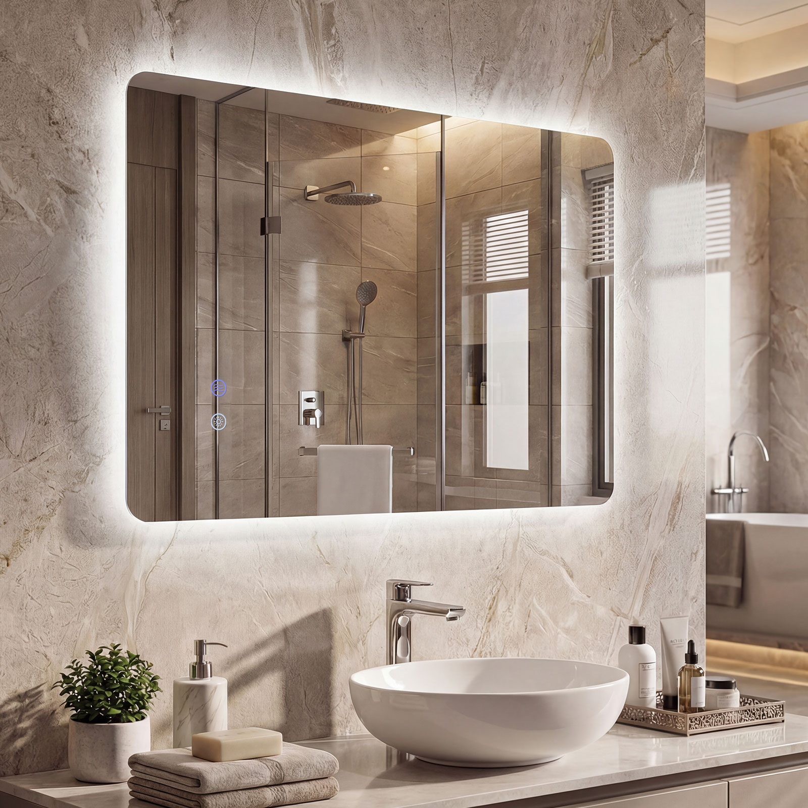 Ristkülikukujuline LED-vannitoa peegel reguleeritava heledusega, taustvalgustusega, puutetundliku ekraaniga, uduvastase karastatud klaasiga, 70 x 50 cm