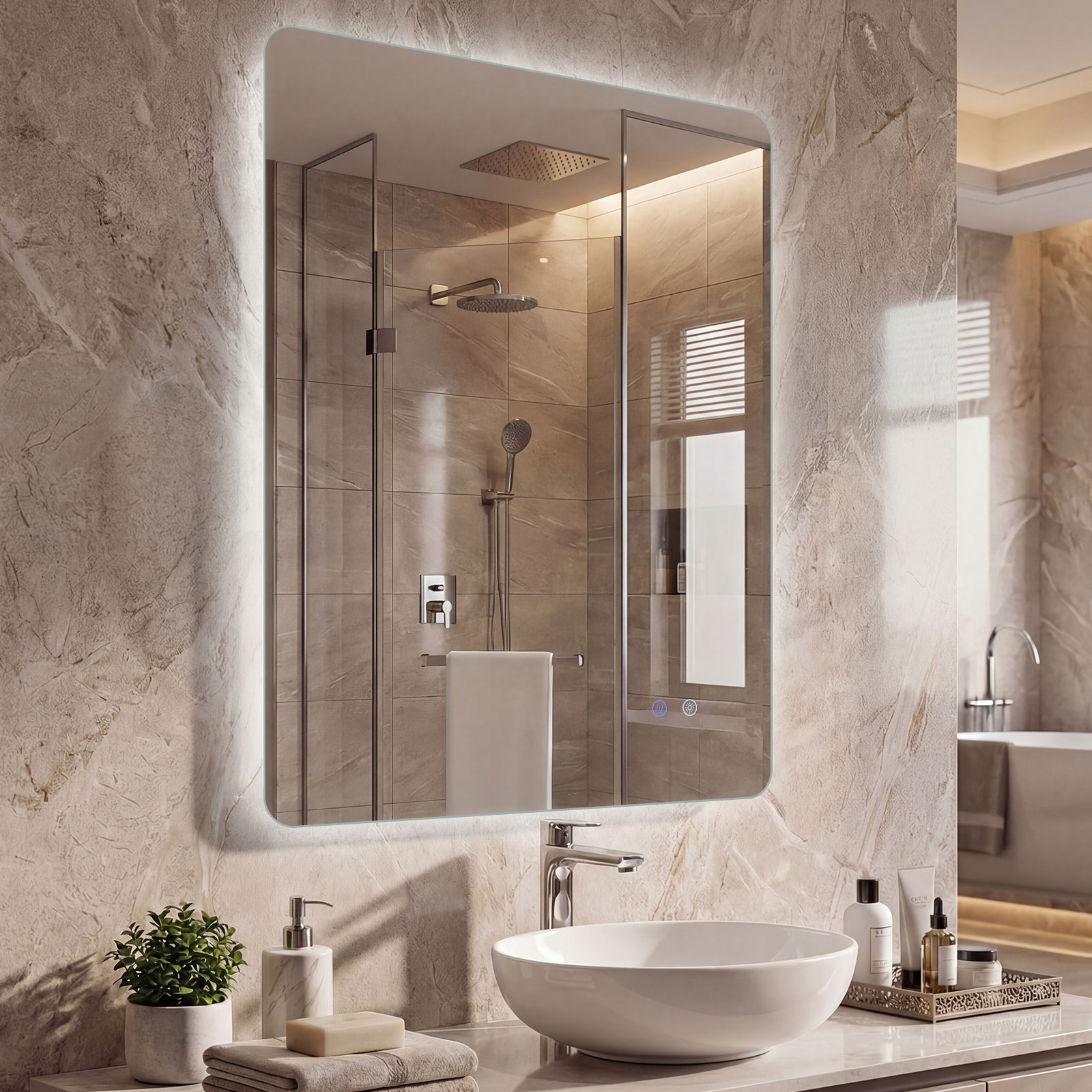 Ristkülikukujuline LED-vannitoa peegel reguleeritava heledusega, taustvalgustusega, puutetundliku ekraaniga, uduvastase karastatud klaasiga, 80 x 60 cm