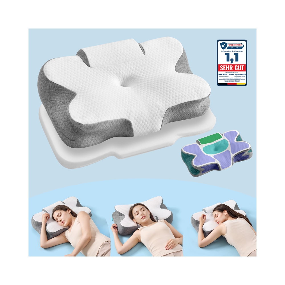 Ergonoomiline kaelapadi mäluvahust, pilvevalge-tuvihall