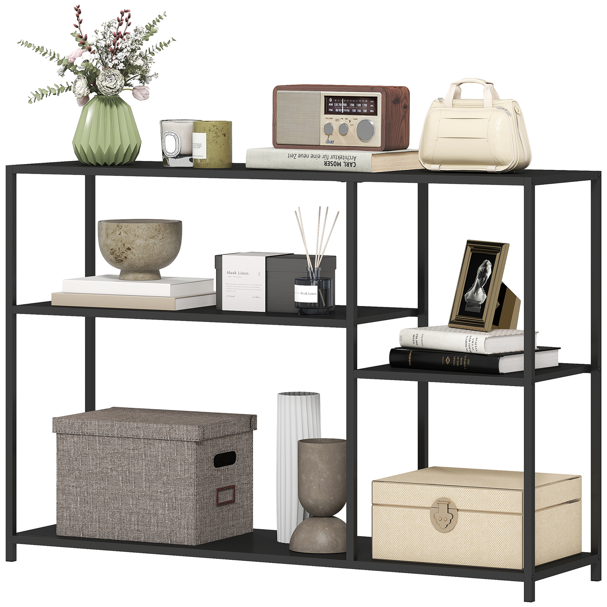 Konsoollaud, 4 riiulit, terasraam, esikusse, elutuppa, must