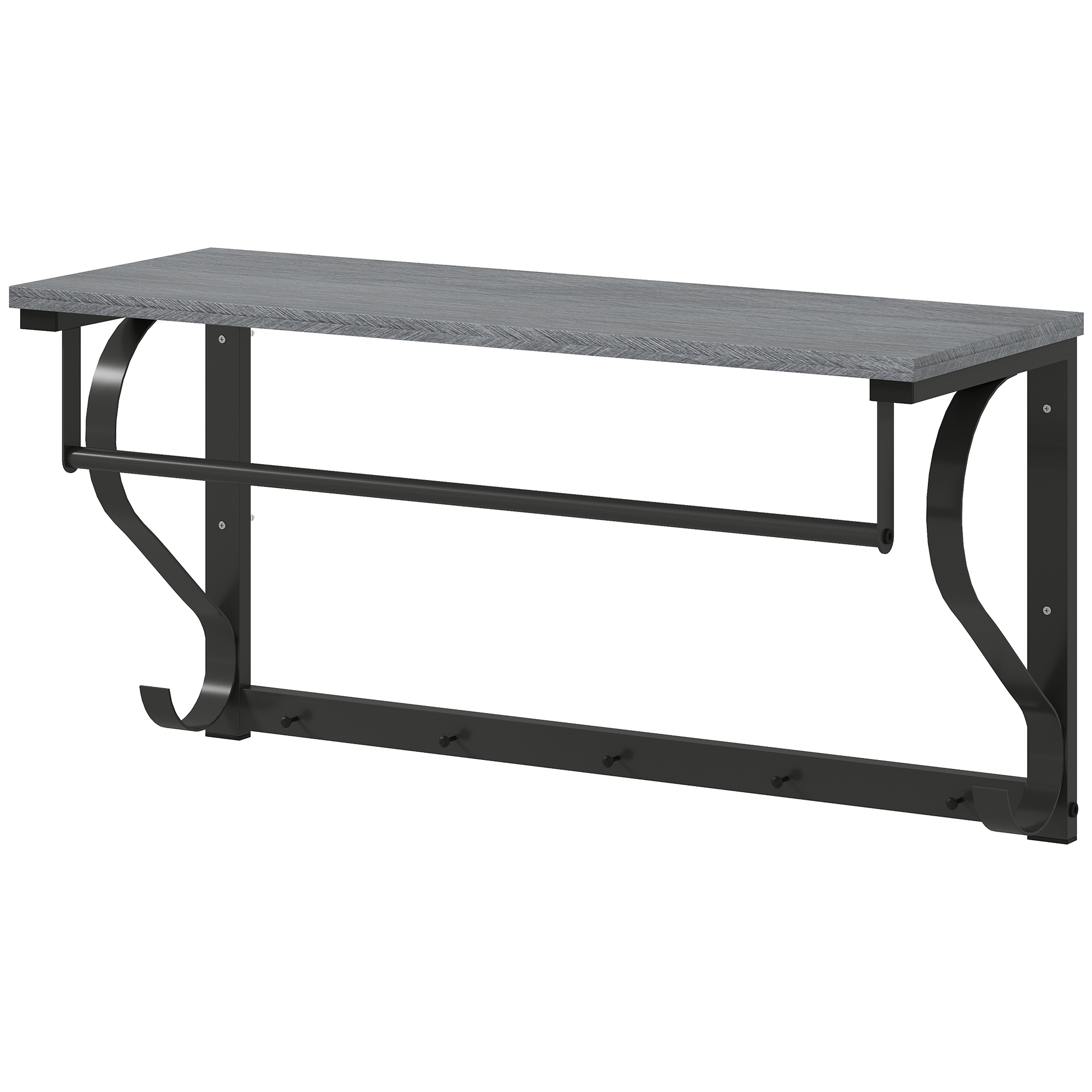 Seinale kinnitatav riidepuuriiul, riidekonksud, 5 konksu, ülemine riiul, mitmekülgne, hall