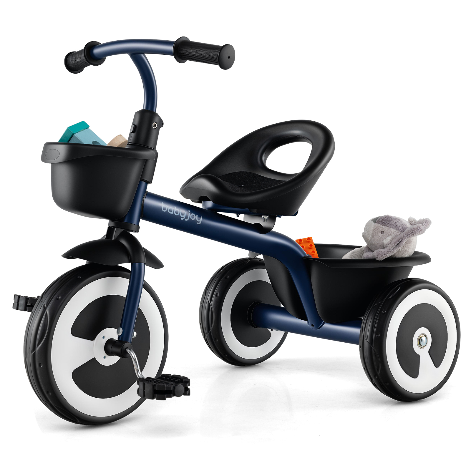 Reguleeritava istme ja hoiukorviga laste kolmerattaline jalgratas (trike) vanusele 1.5–5 aastat, tumesinine