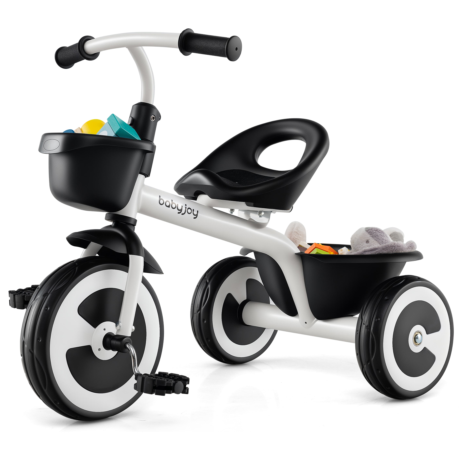 Reguleeritava istme ja hoiukorviga laste kolmerattaline jalgratas (trike) vanusele 1.5–5 aastat, valge