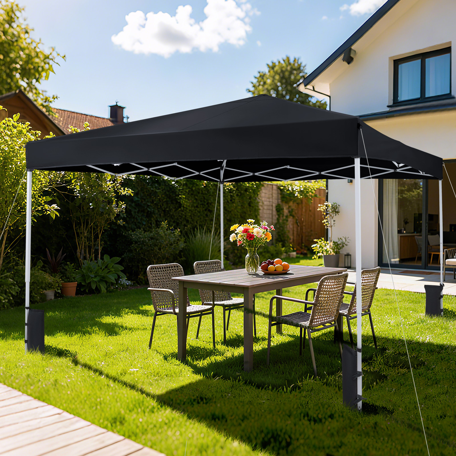 Kokkupandav pop-up aiatelk ja varjualune komplektis kandekott metallraam 8 maavaia ja 4 liivakotti (290 x 290 cm) must