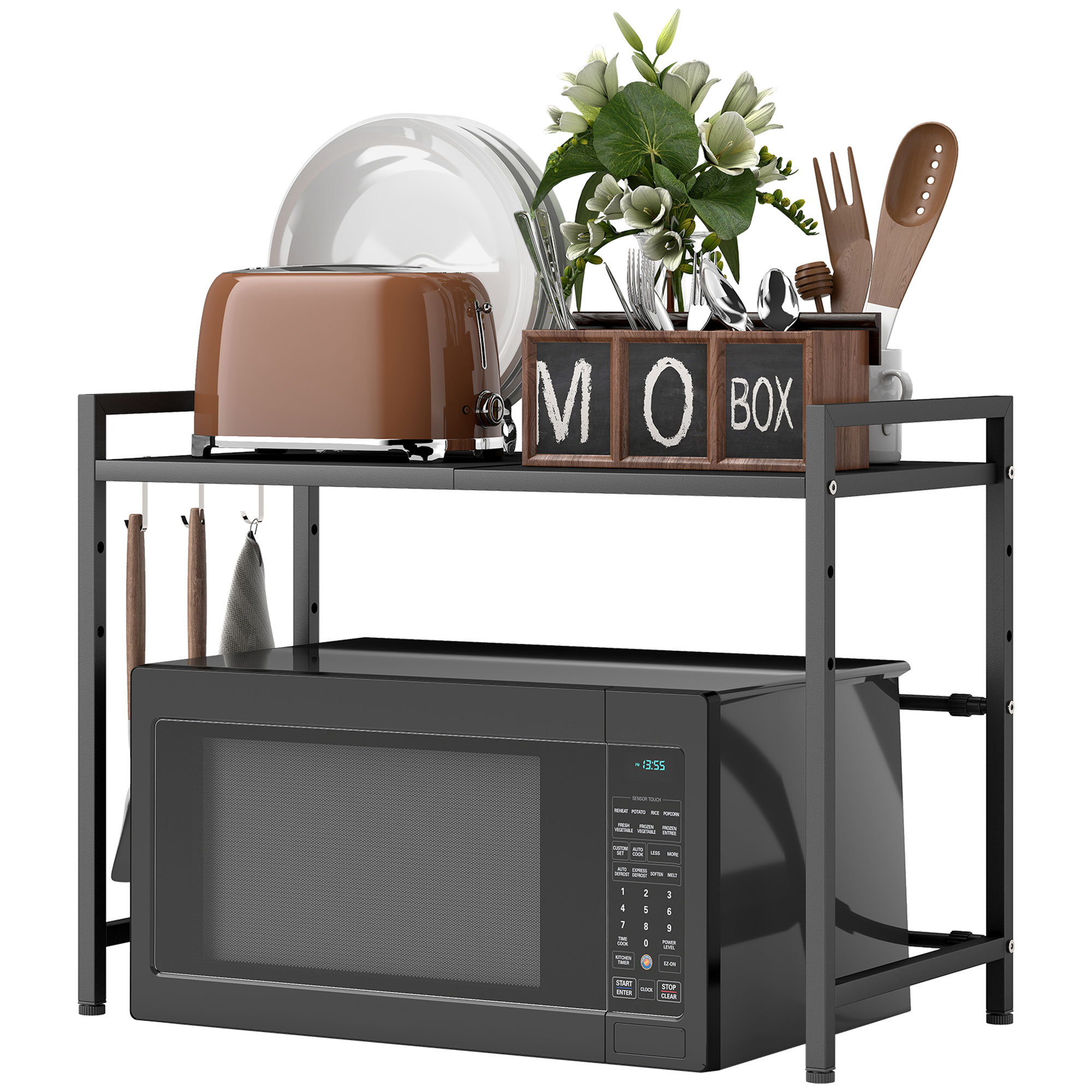 Mikrolaineahju riiul, 3 konksu, pikendatav, metall, 40 cm kõrge, must