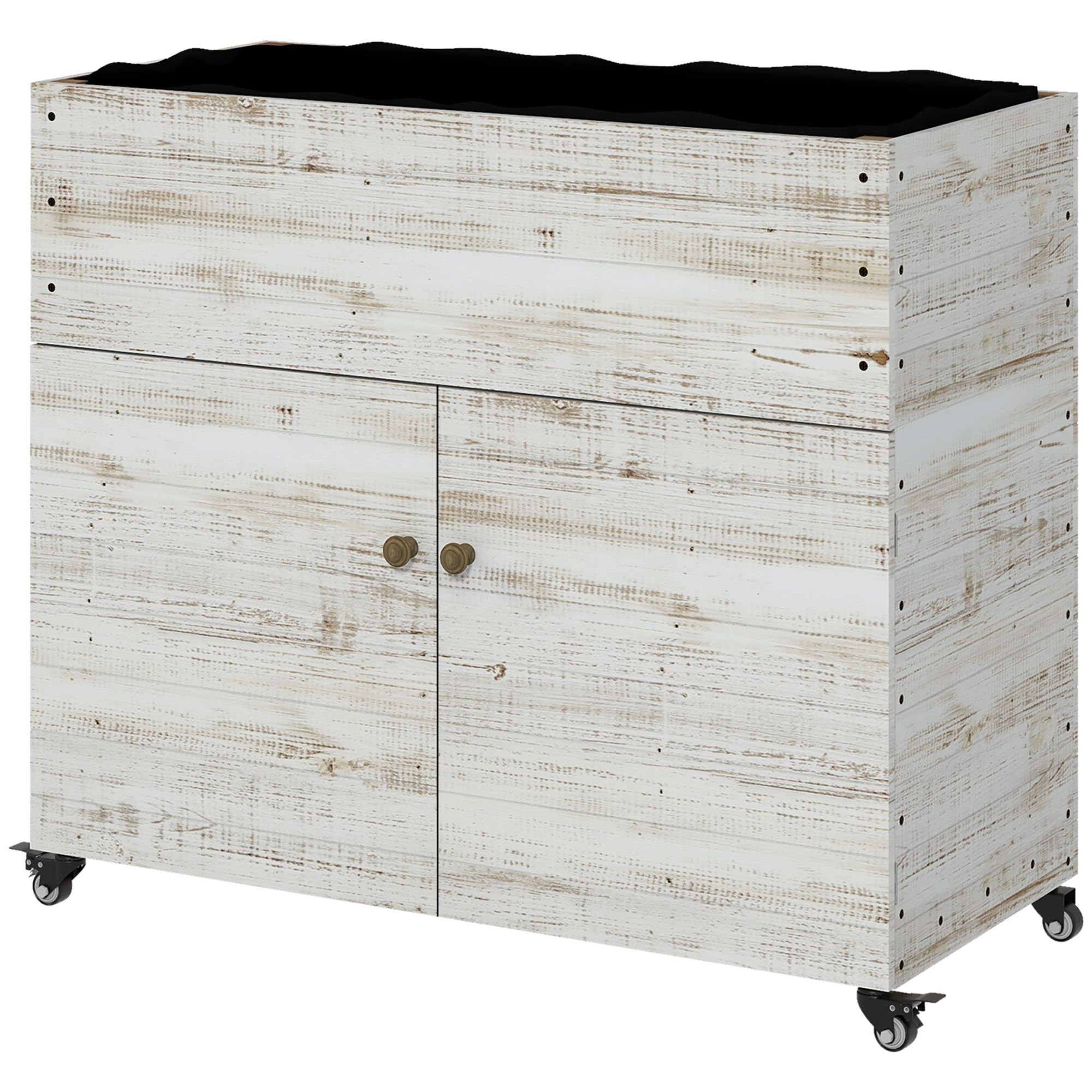 Kõrgendatud peenar ratastega, kapisektsioon, sisevooder, kasutatud välimus, 110x50x95 cm, valge