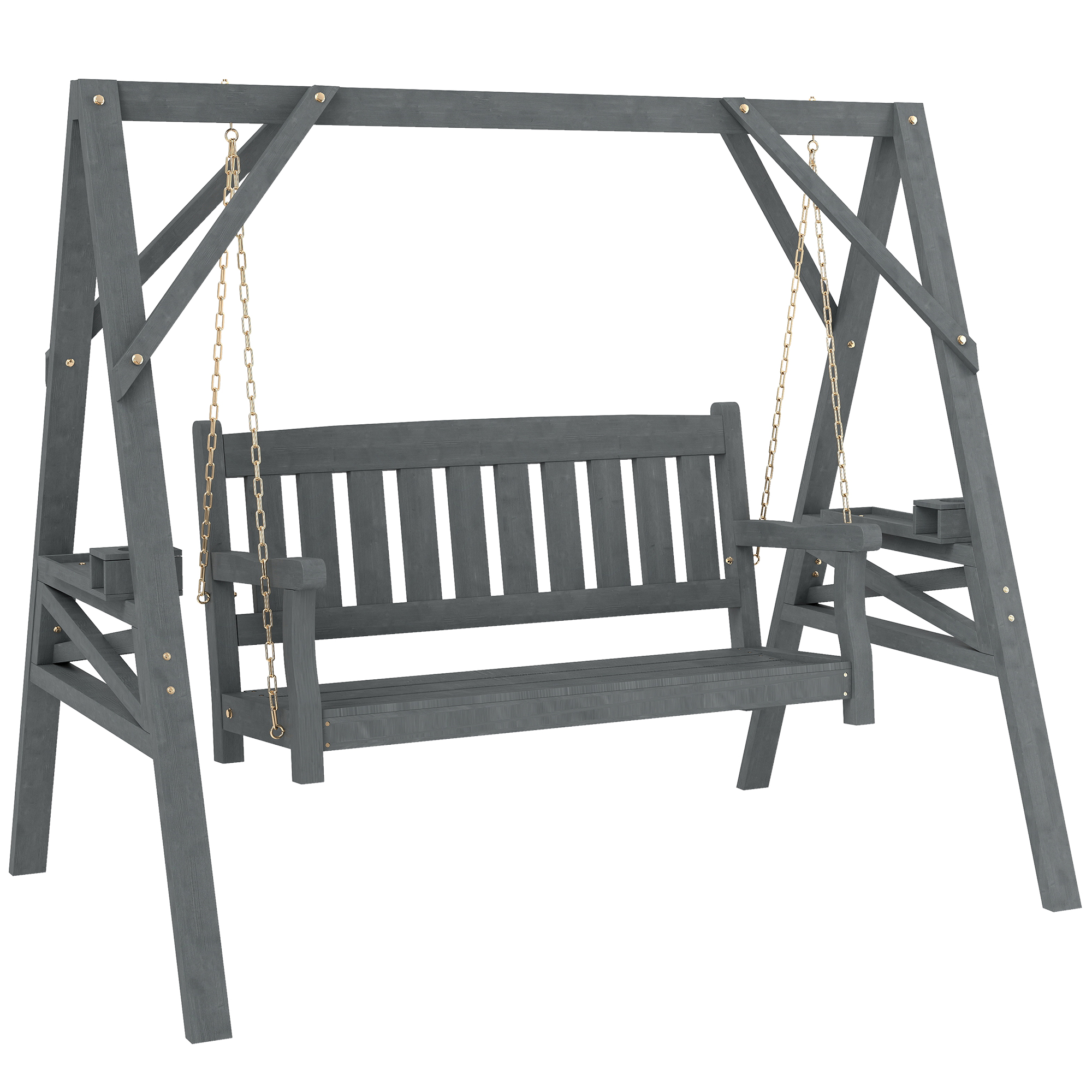 Kahekohaline aiakiik, puidust kiikpink riiulite, joogihoidjate ja metallkettidega, hall