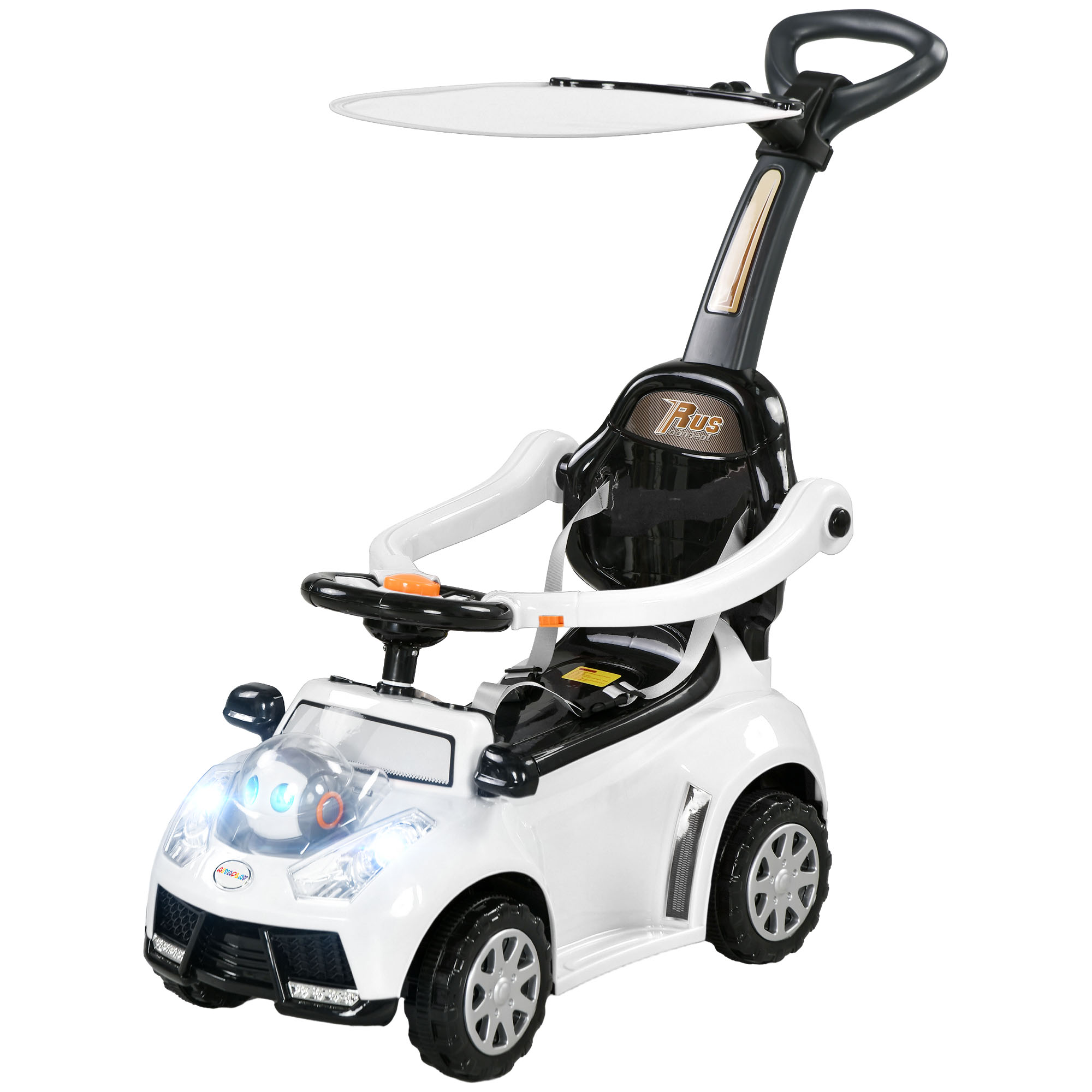 2-ühes pealeistutav auto, eemaldatav varikatus, tuled, muusika, signaal, plastik ja metall, 96 x 39 x 90 cm, valge/must