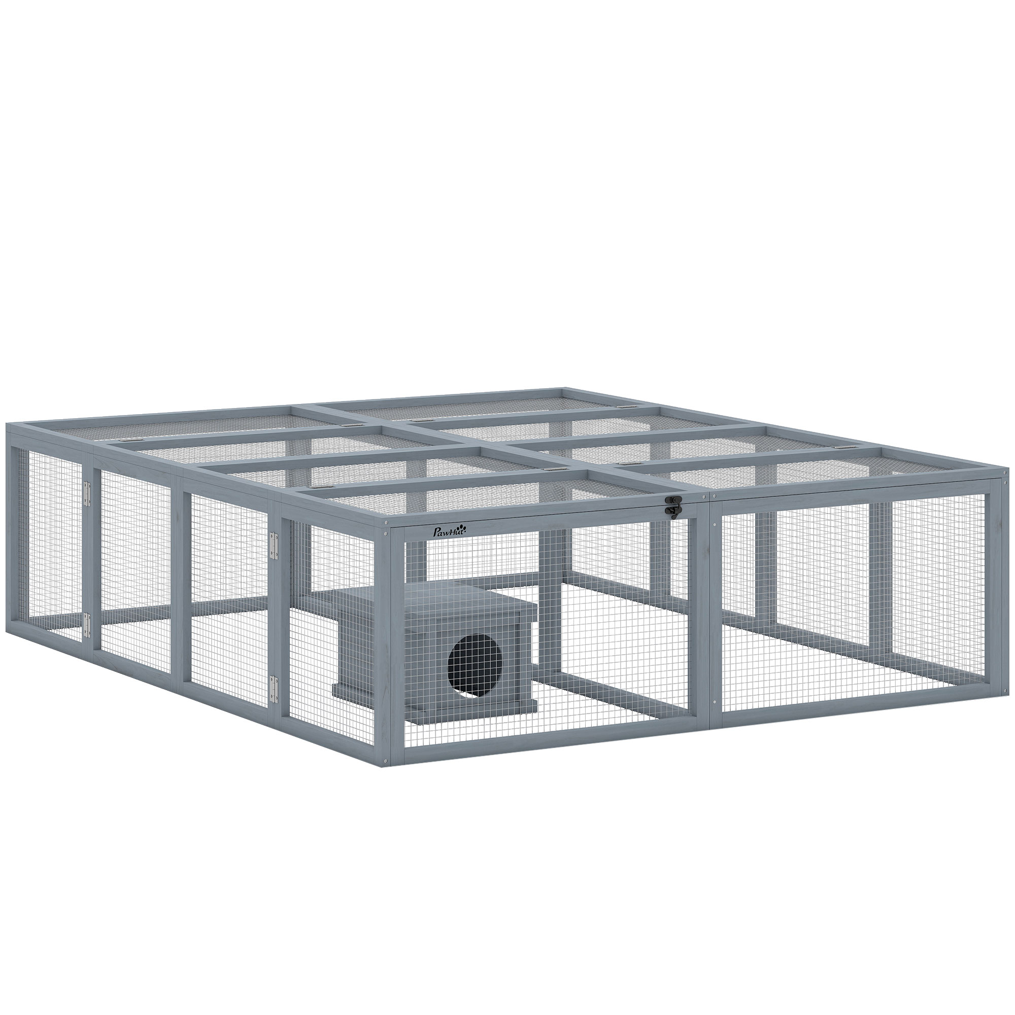 Puidust küülikupuur kahe uksega, varjualune 2-4 kääbusküülikule, 180,4 x 150 x 48 cm, hall