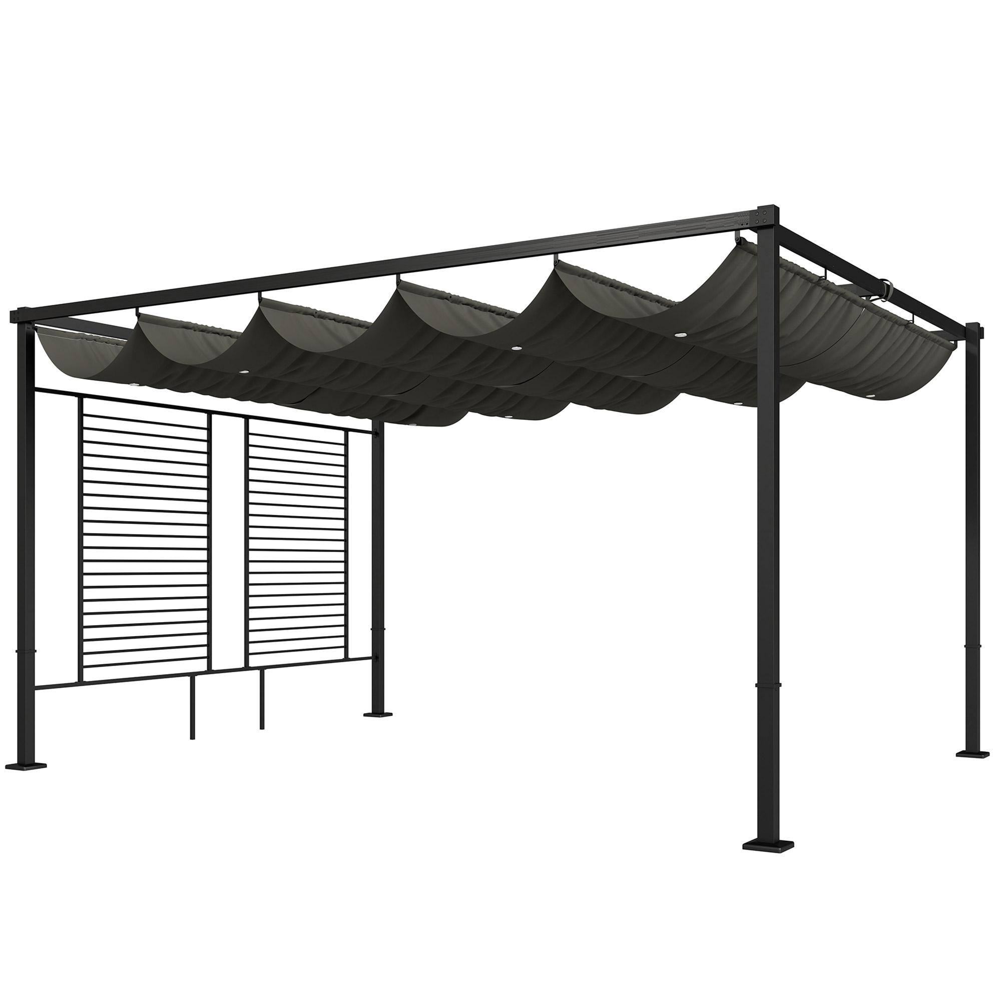 Pergola 3,87 x 2,97 m terrassikatusega lükandkatusega, 2 privaatsusekraaniga, UV 50+ tumehall