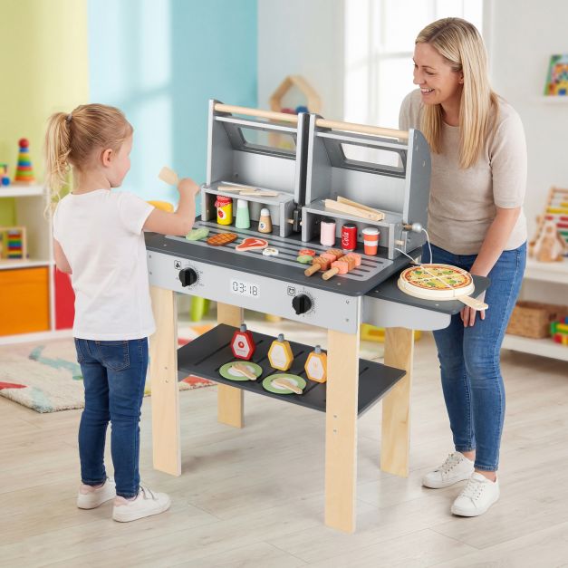 Puidust laste grillimise mängukomplekt, mängugrill koos rikkalike tarvikute ja toiduainete imitatsiooniga, hall