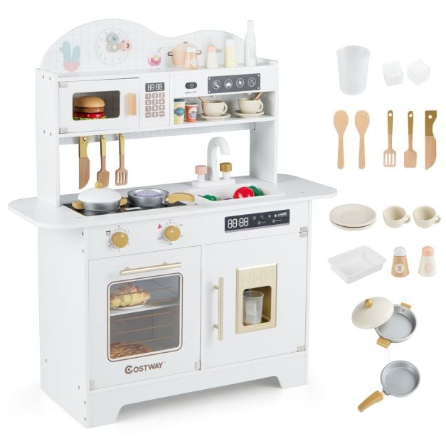 Puidust väikelapse mänguköök 17-osalise aksessuaariga - valge