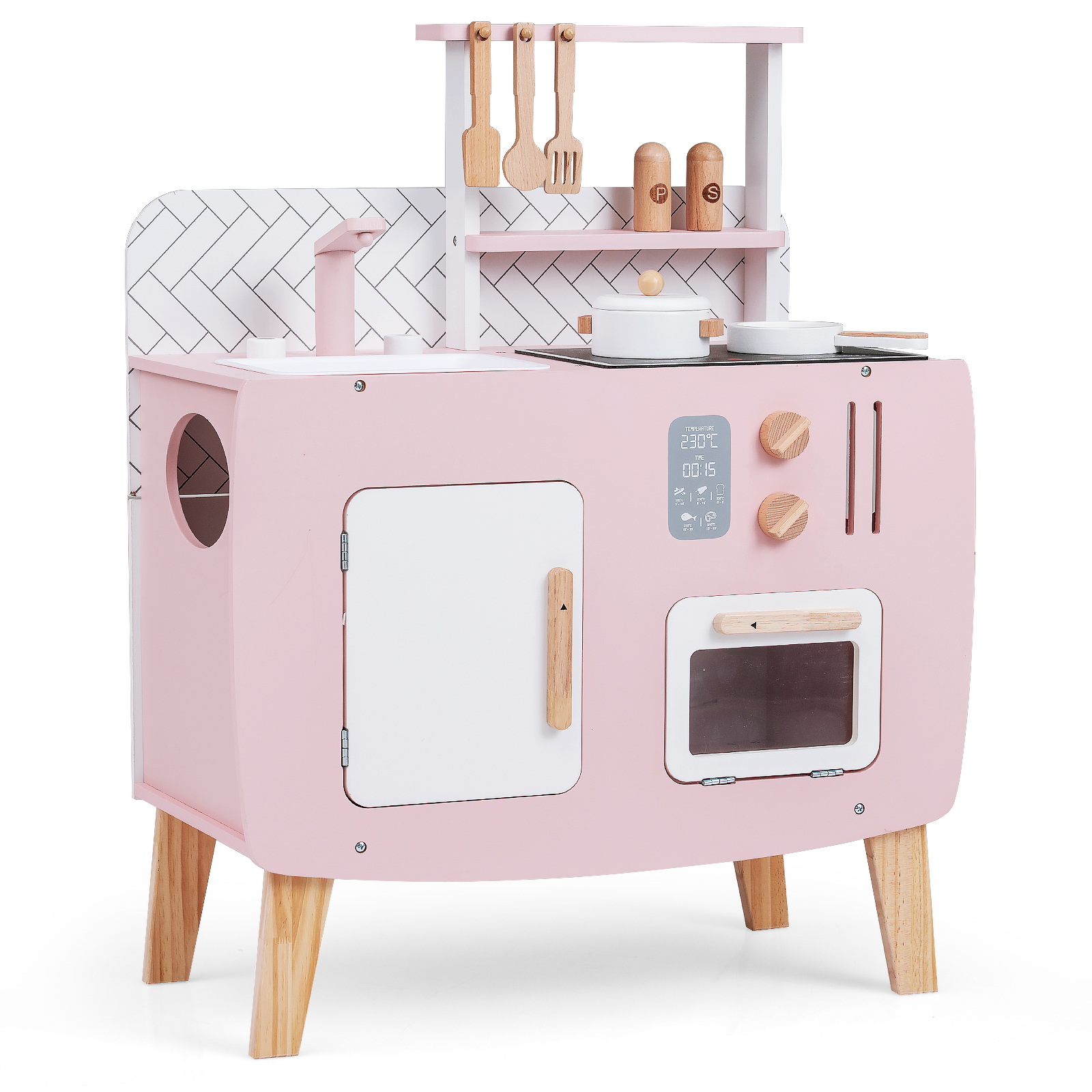 Laste puidust mänguköök pliidi ja kraaniga, roosa-valge