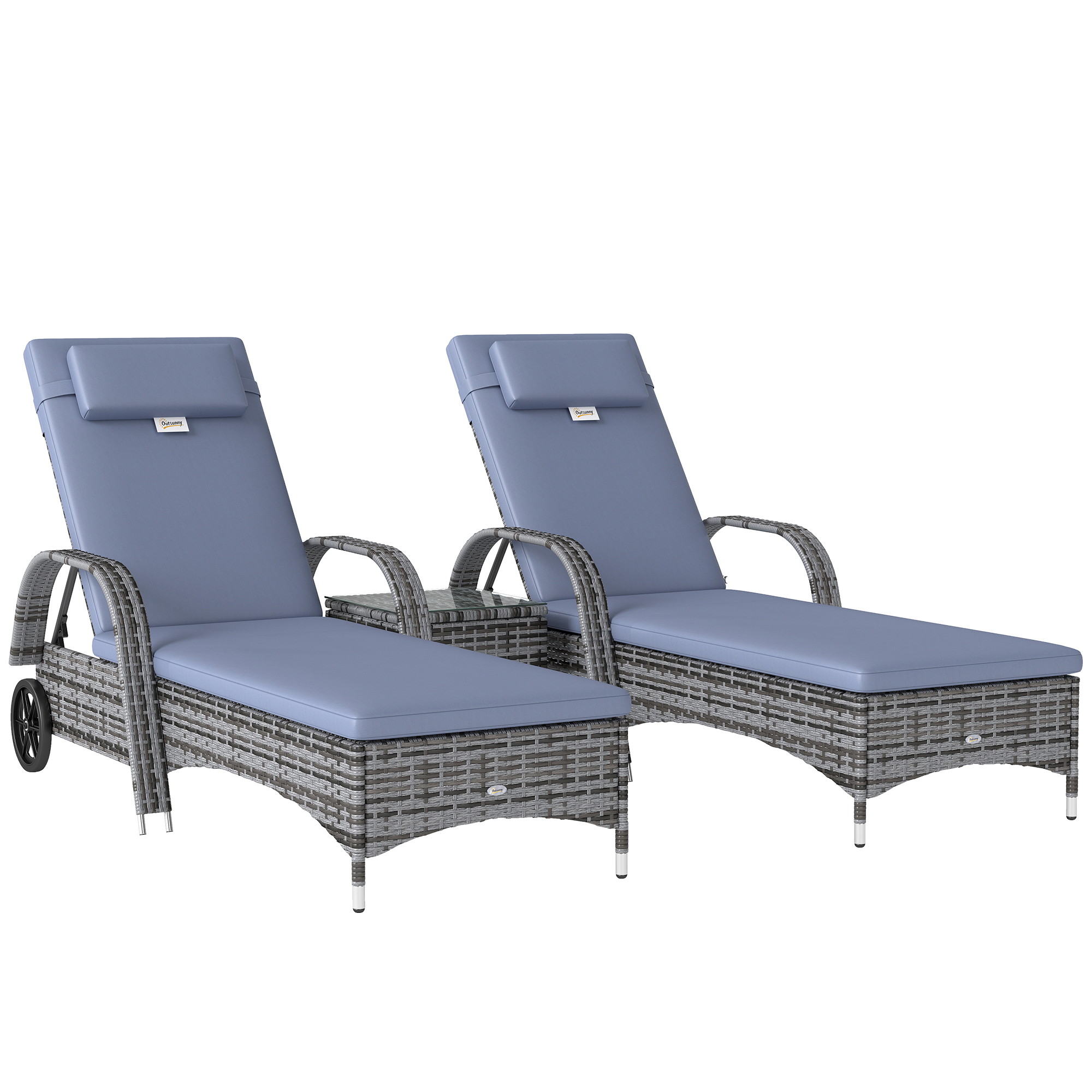 Päevitustoolid, aiatool, laud, 3-osaline aiamööbli komplekt, polürotang + metall, hall