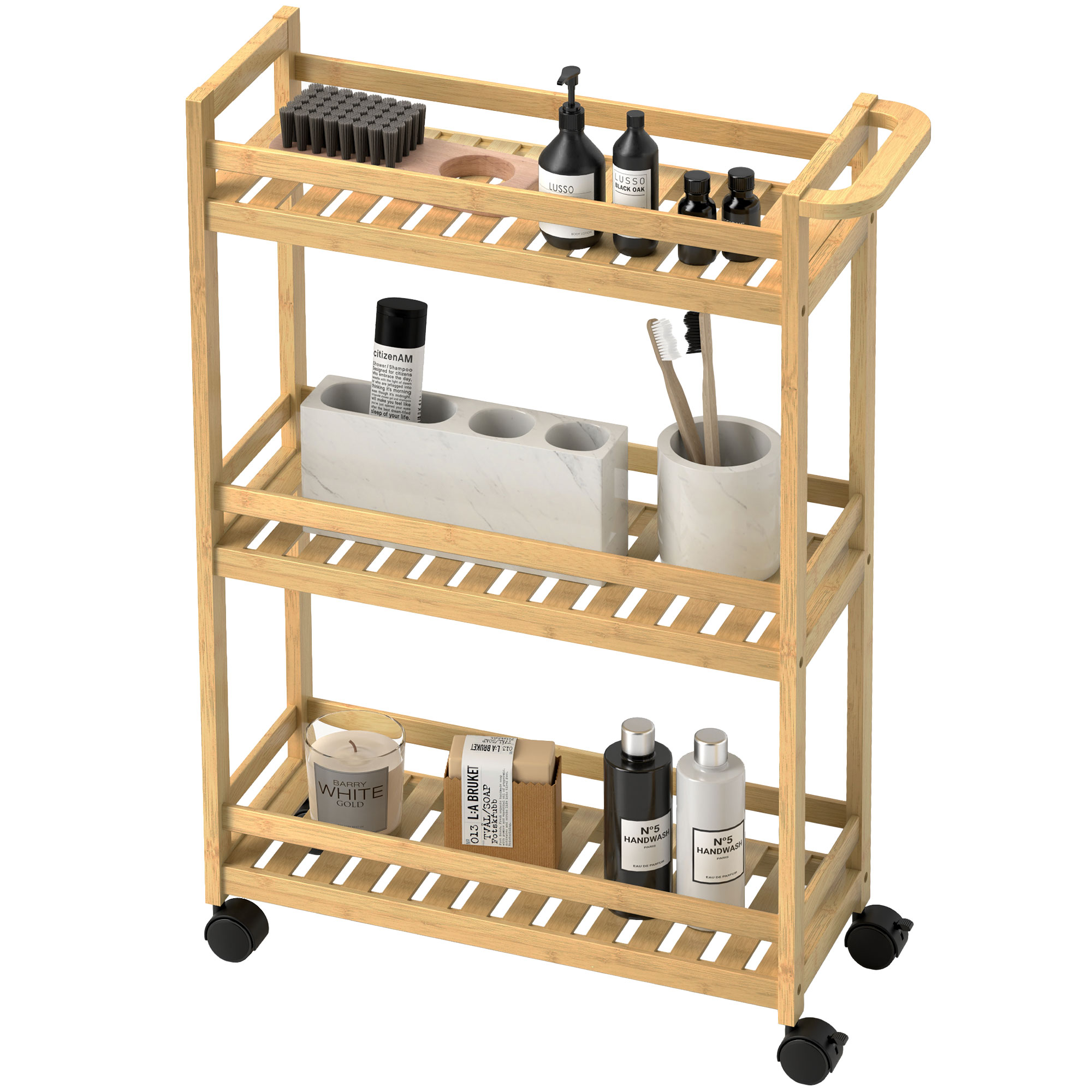Serveerimiskäru, 3 riiulit, liistudest riiulid, kukkumiskaitse, bambus, 55 x 20 x 75 cm