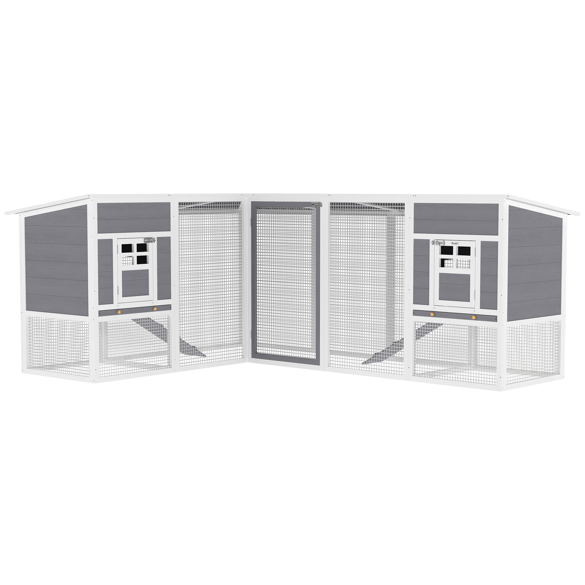 Kanakuut, L-kujuline puidust kanakuudi kahe majaga, 2 korrust, jooksuala, kaldtee, 251 x 192 x 103 cm, hall