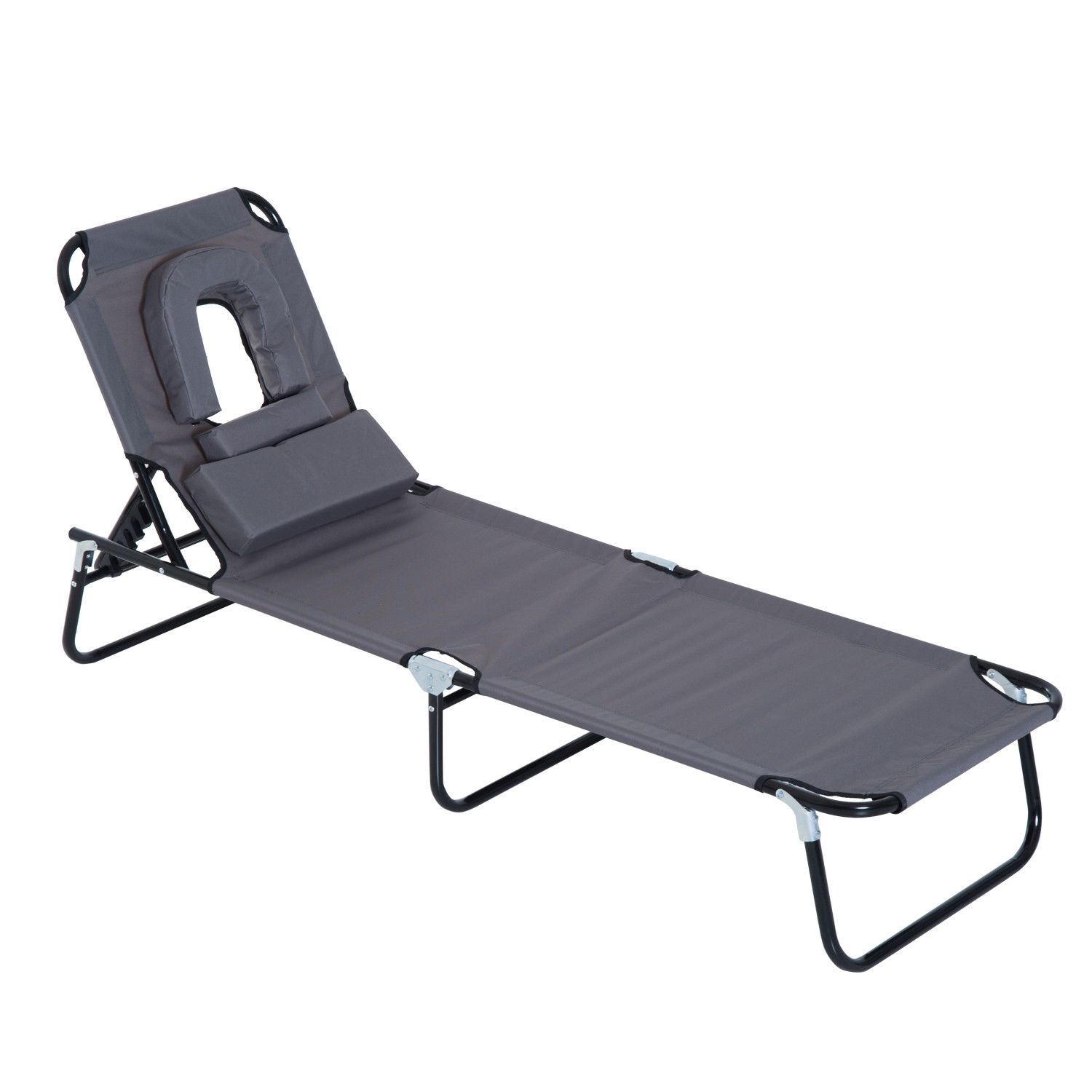 Kokkupandav päevitustool, aiatool peatoega, 4-positsioonilise reguleeritava seljatoega tekitool, lugemisaknaga matkatool, aiatool, kandevõime kuni 120 kg, aeda, rõdule, hall