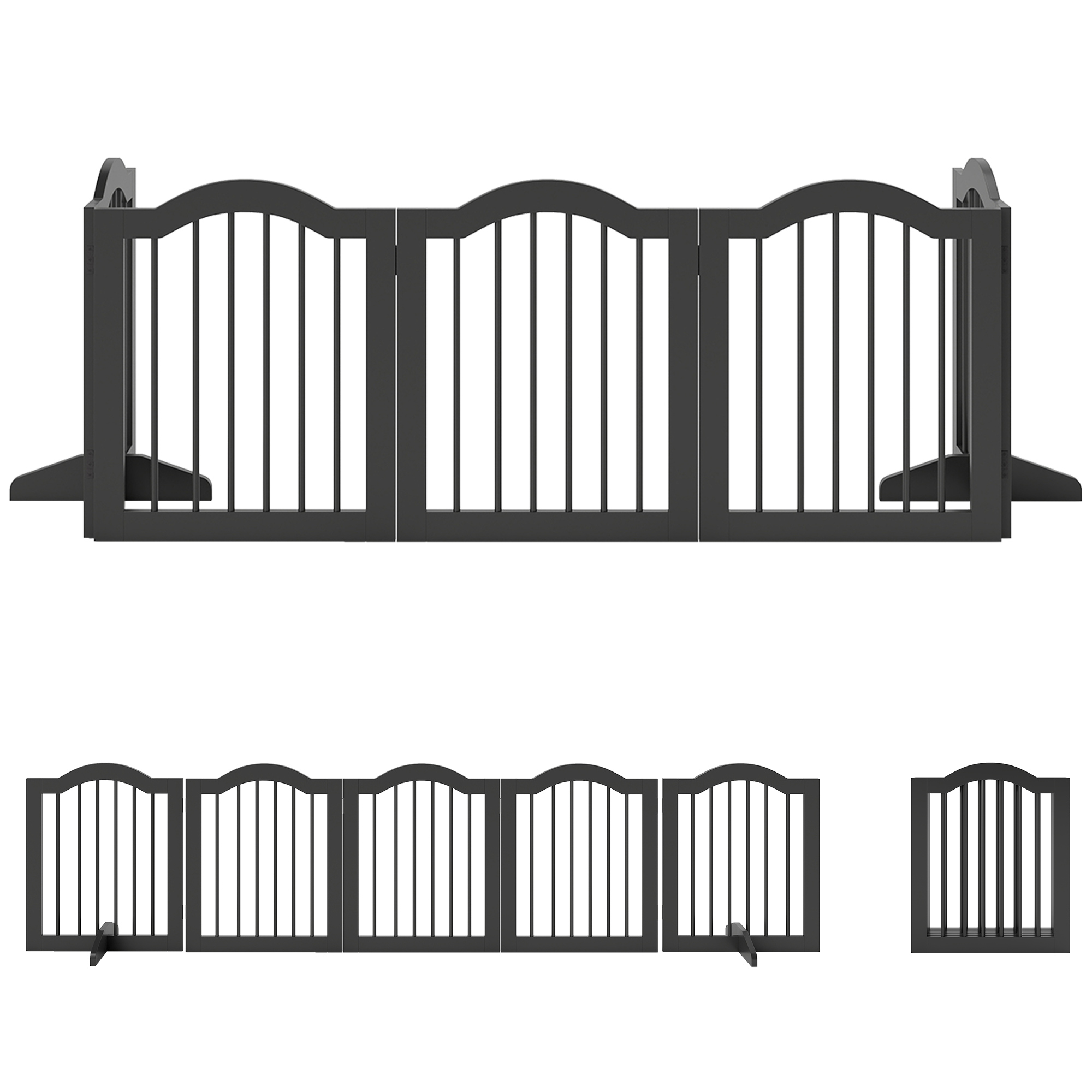 Eraldiseisev koeravärav jalgadega, kokkupandav, 5 paneeli, 261,5 x 29,5 x 61 cm, must
