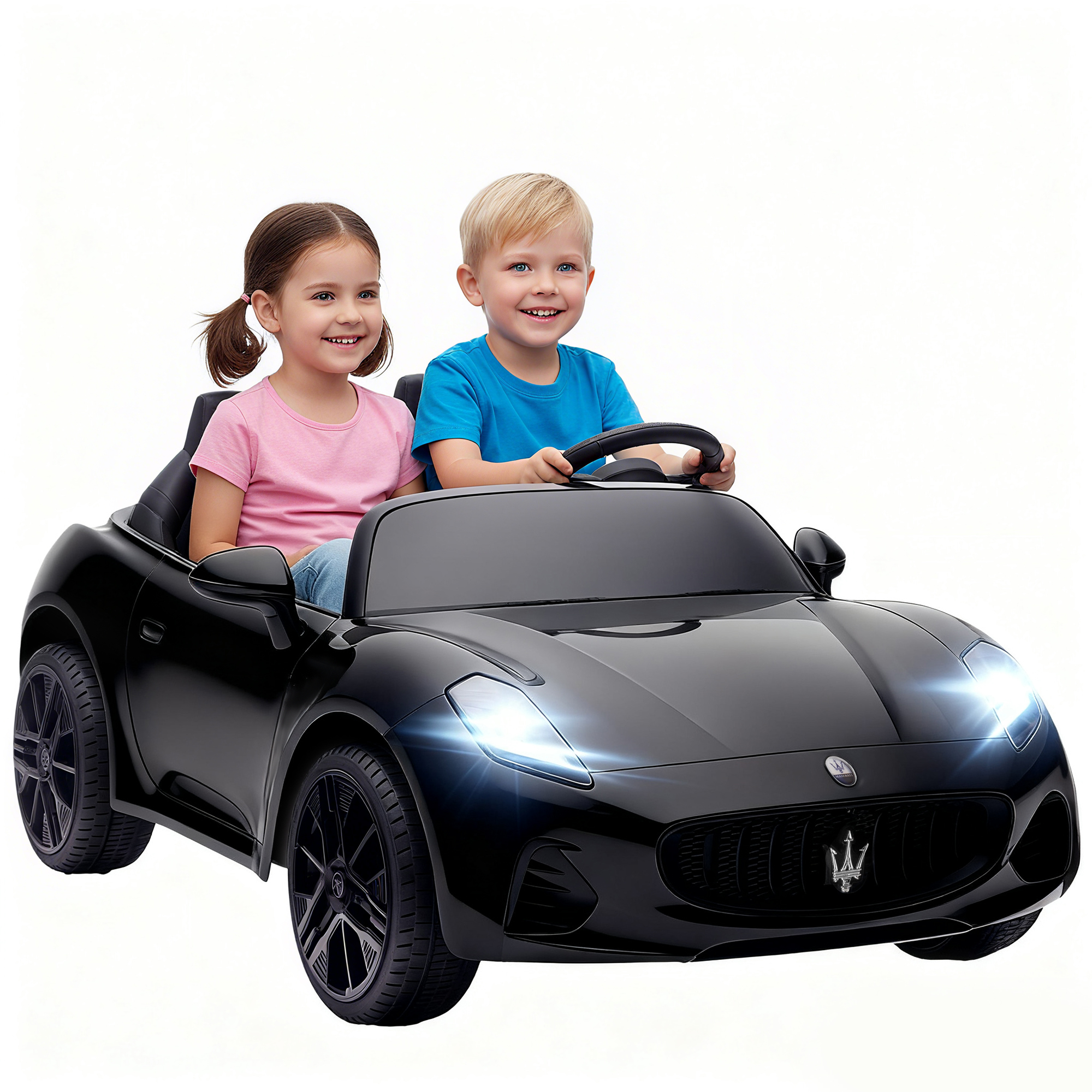 Maserati elektriauto lastele, 2-kohaline, 12V akutoitel, puldiga, LED-tuled, muusikafunktsioon, must