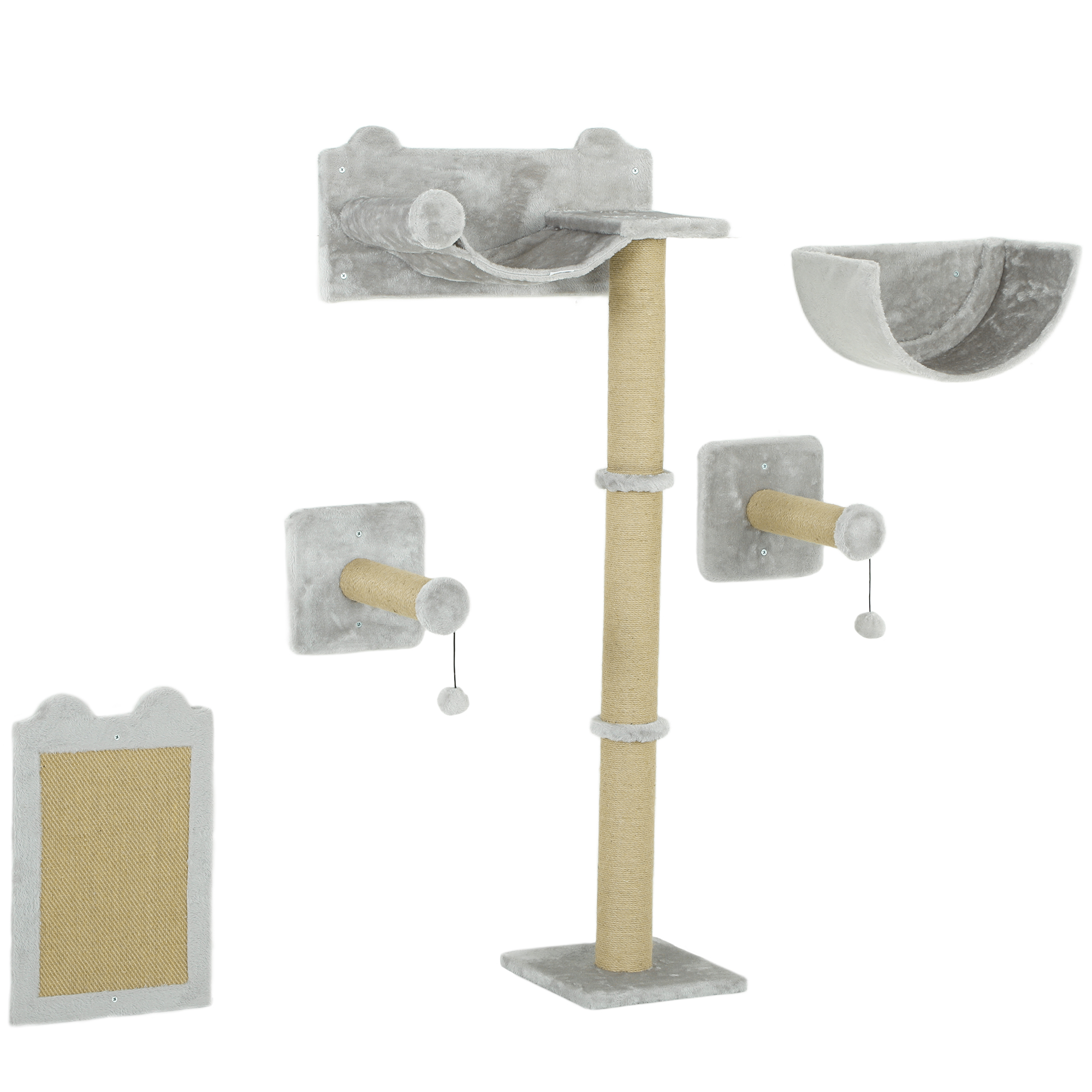 5-osaline seinale kinnitatav ronimiskomplekt toakassidele koos kraapimisposti, kraapimismati, kassivoodi ja mängupallidega, helehall