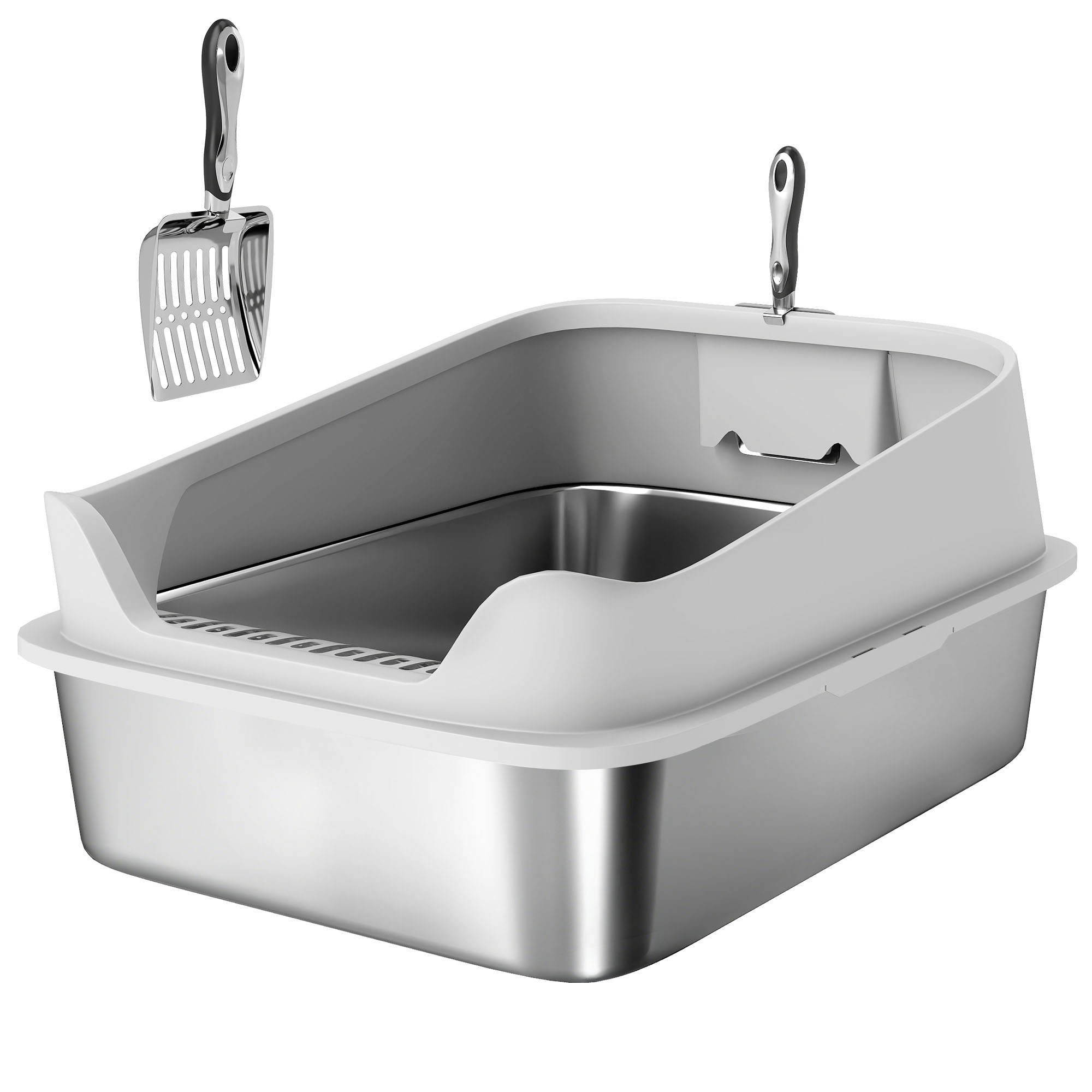 Roostevabast terasest avatud kassiliivakast kühvliga, kõrgete külgedega, suurtele kassidele kuni 12 kg, 69,8 x 50,3 x 29,8 cm, hall