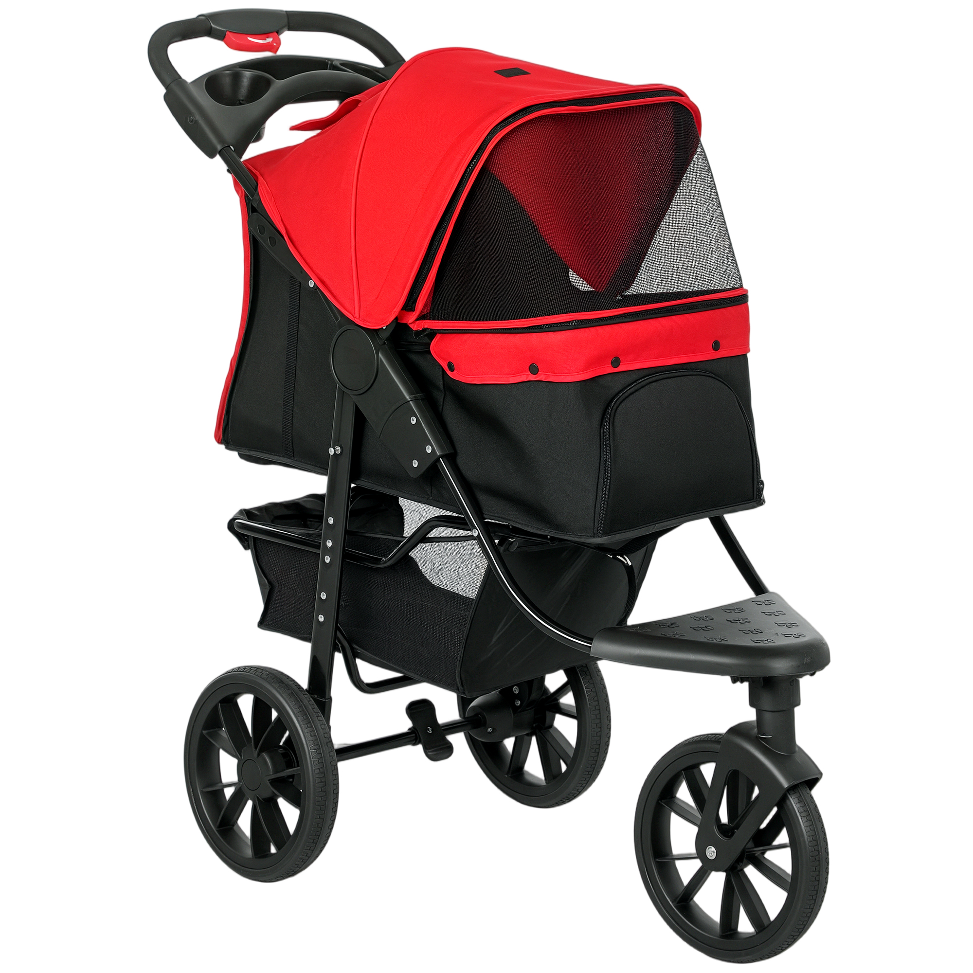 Kokkupandav koerakäru/koerakäru koertele kuni 10 kg, 3 ratta, võrgust akende, topsihoidja ja hoiukorviga, 109,5 x 57,5 ​​x 106,5 cm, punane