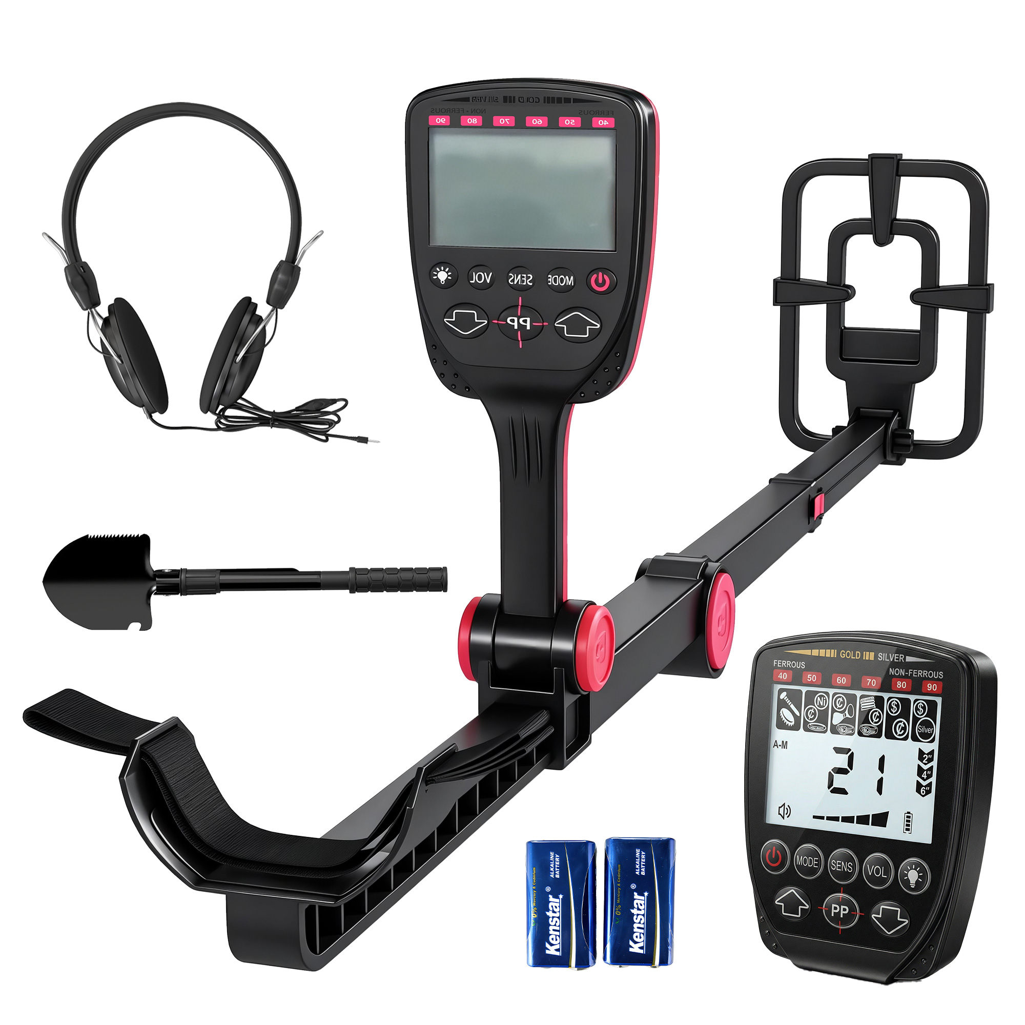 IP68 veekindel kokkupandav metallidetektor 4 režiimi, kõrvaklappide, labida, kandekotiga ja LCD-ekraaniga