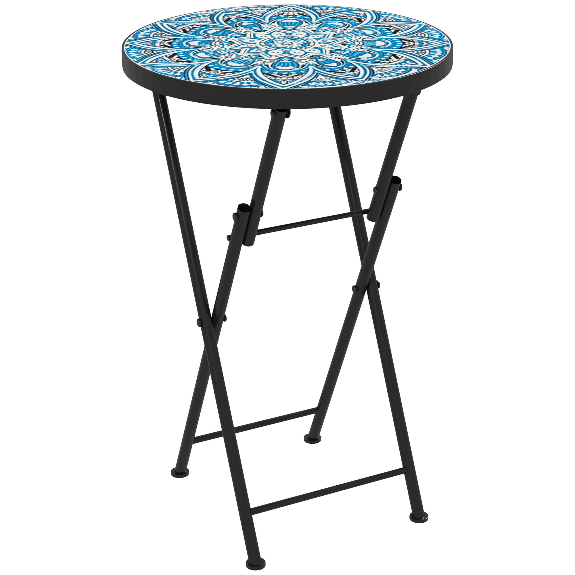Mosaiik aialaud, kokkupandav ümmargune terrassilaud metallraami ja keraamilise lauaplaadiga, mosaiikmuster, sinine