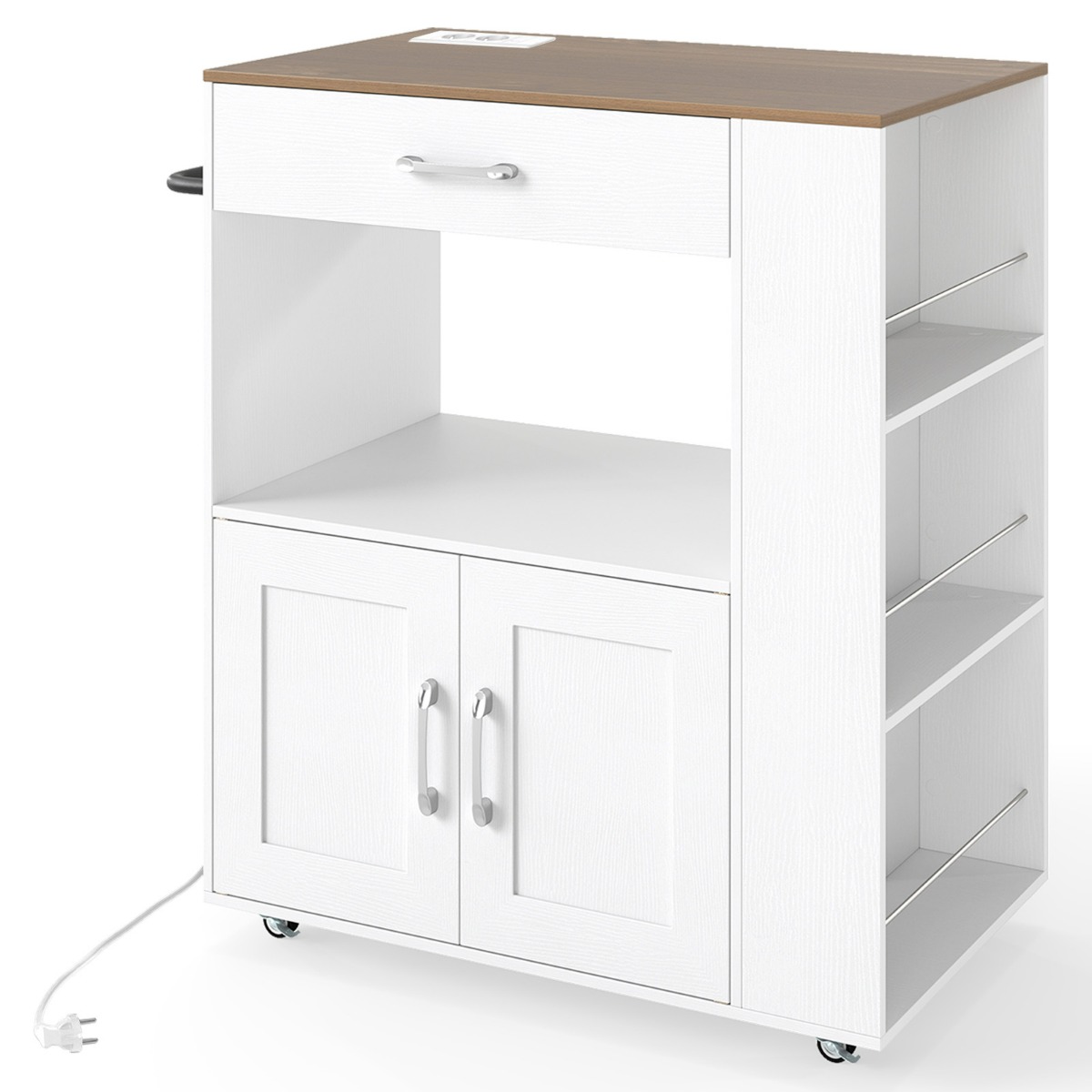 Köögisaar, mobiilne köögikäru, lukustatavate ratastega, avatud kuubikukujulised riiulid, sahtliga käterätikuivati, valge