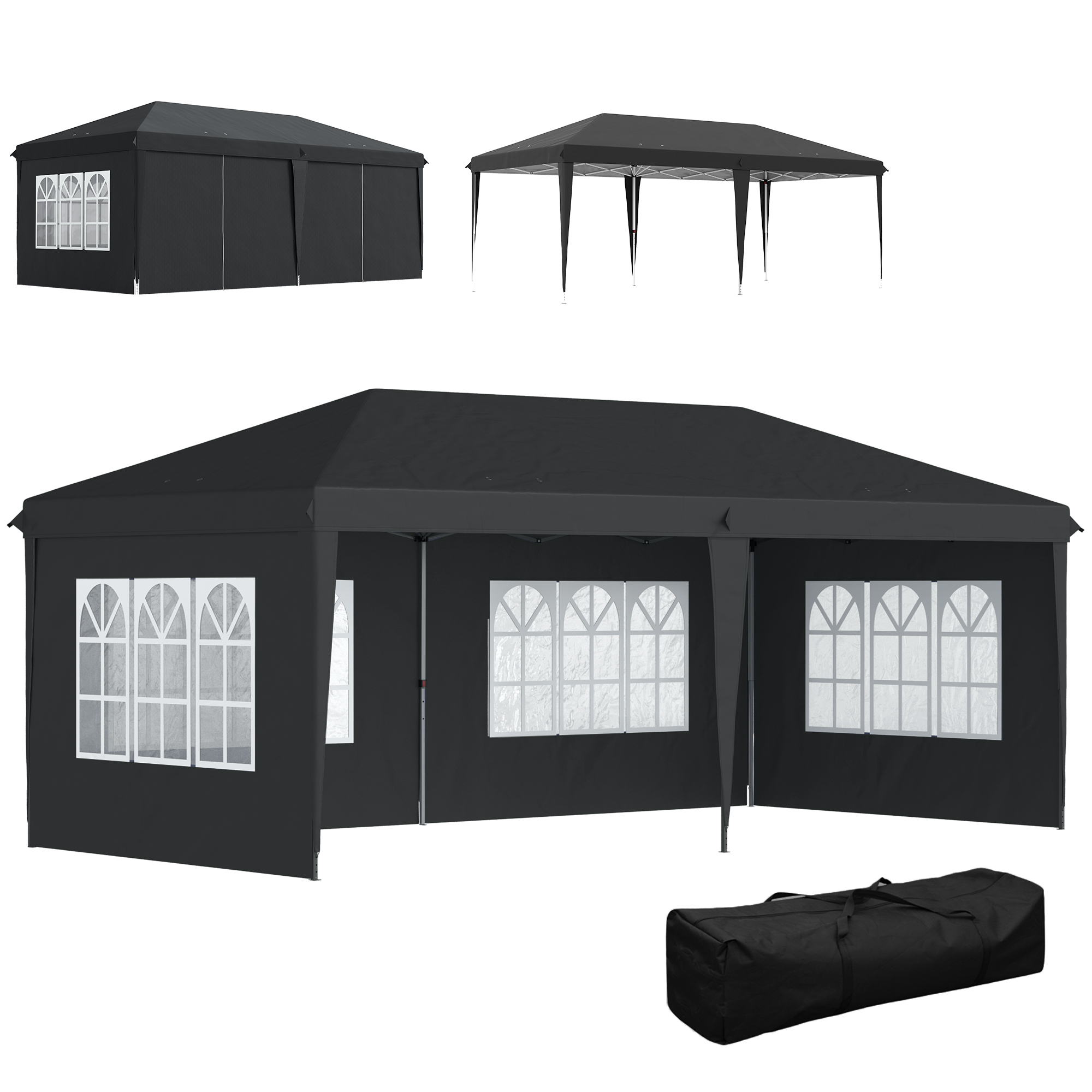 Paviljon u 3x6m veekindel kokkupandav paviljon 4 külgpaneeliga, aken, UV-kaitse, kandekott, must
