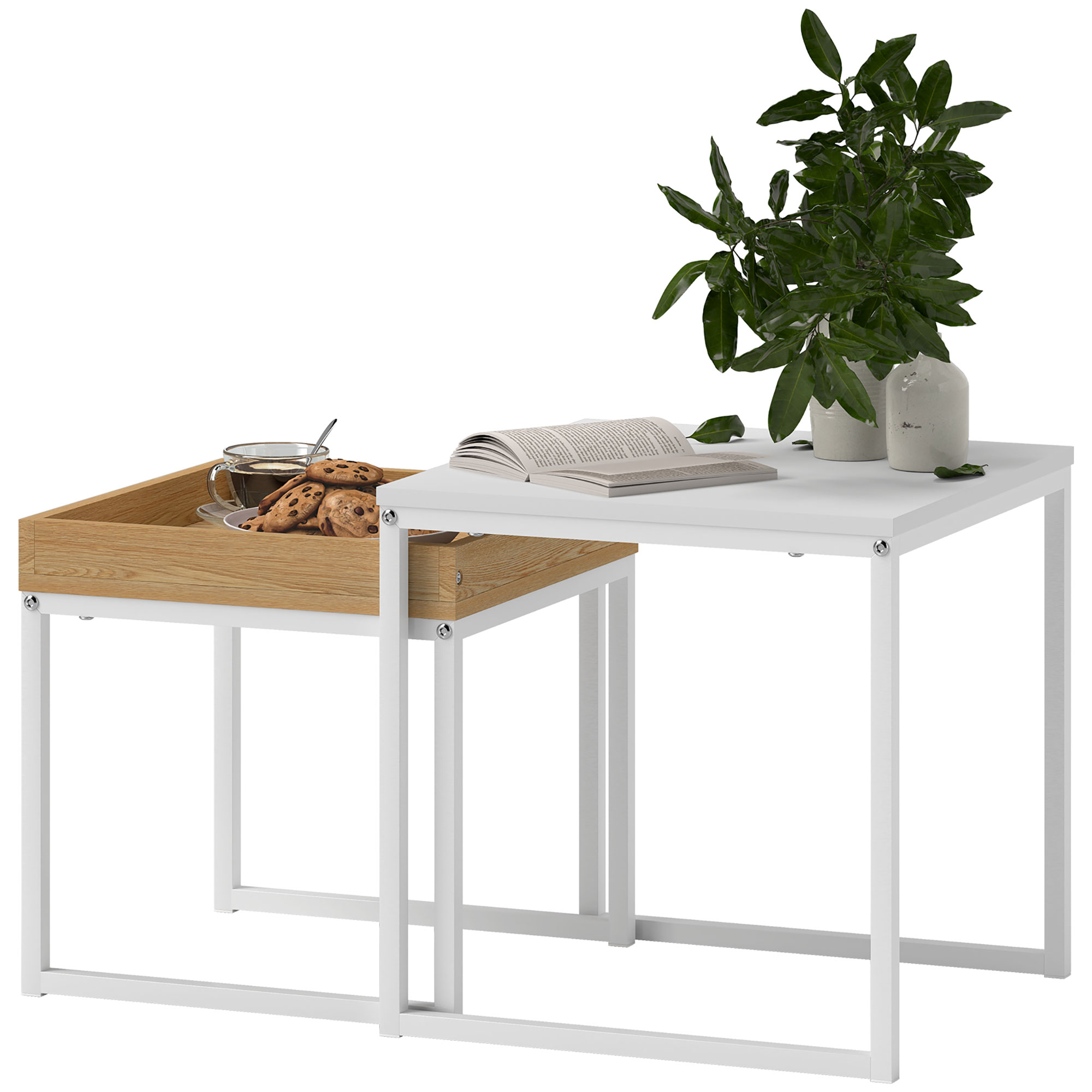 Moodne kohvilaud, 2 tk komplekt, diivanilaud, väikesesse ruumi, kandiline, MDF, metall, valge