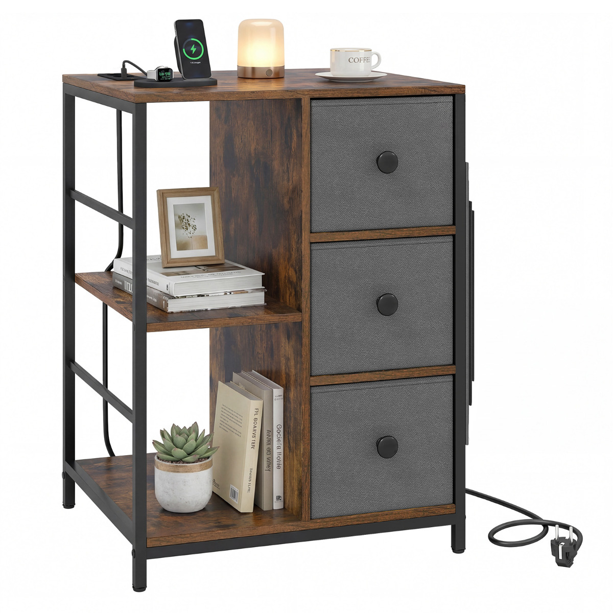 Hoiukapp laadimisjaamaga, 3-tasandiline öökapp riiuliga, riidest sahtlid ja küljetaskud, kohvikorraldaja