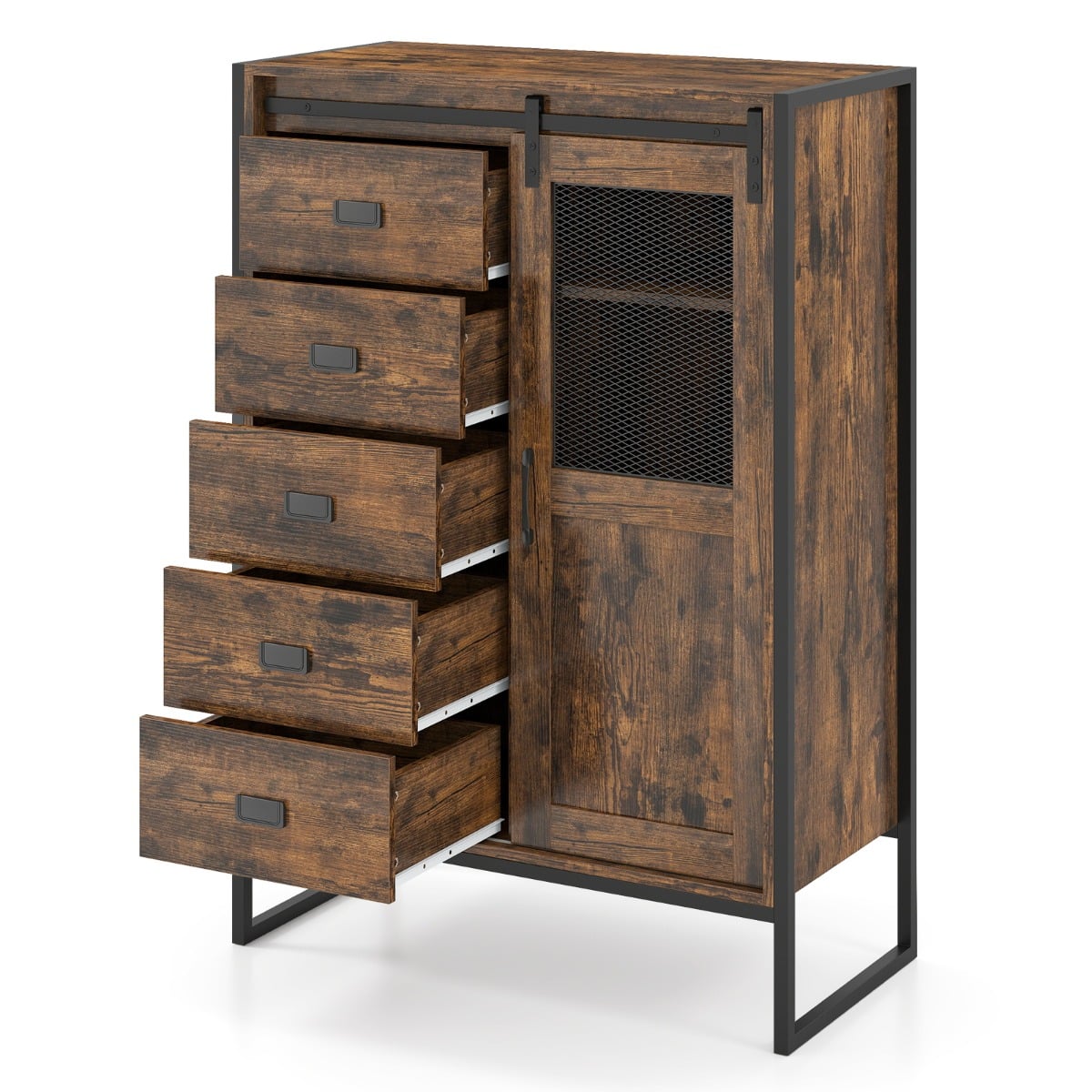 Rustikaalne kummut lükandukse, 5 sahtli ja reguleeritavate riiulitega. Rustikaalne pruun.