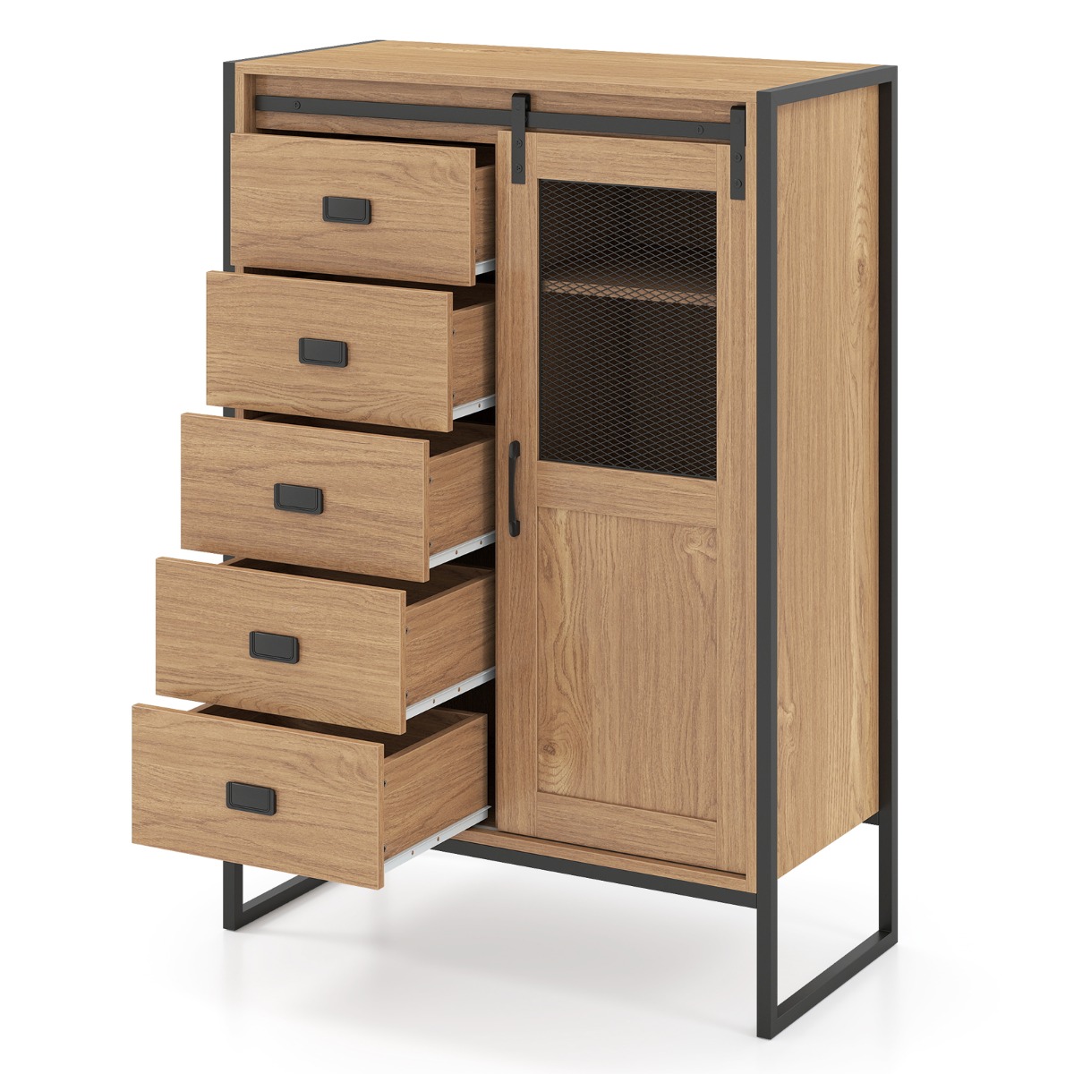 Rustikaalne kummut lükandukse, 5 sahtli ja reguleeritavate riiulitega, naturaalne viimistlus