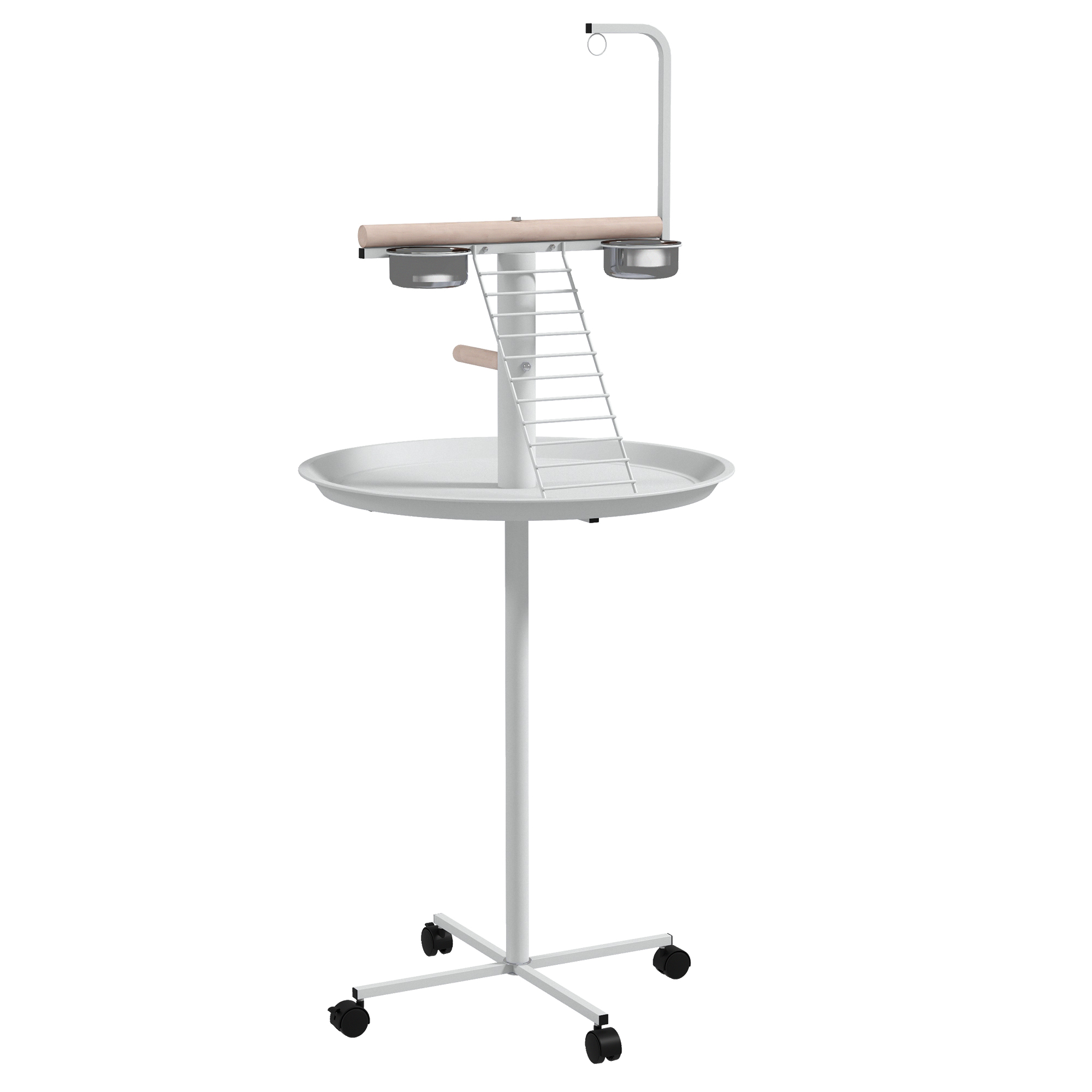 PawHut maandumispuu ja vaba istumisalus papagoidele, istumispulk, 1 redel, 1 kiik, sööginõud, 60 x 60 x 138 cm, valge + naturaalne