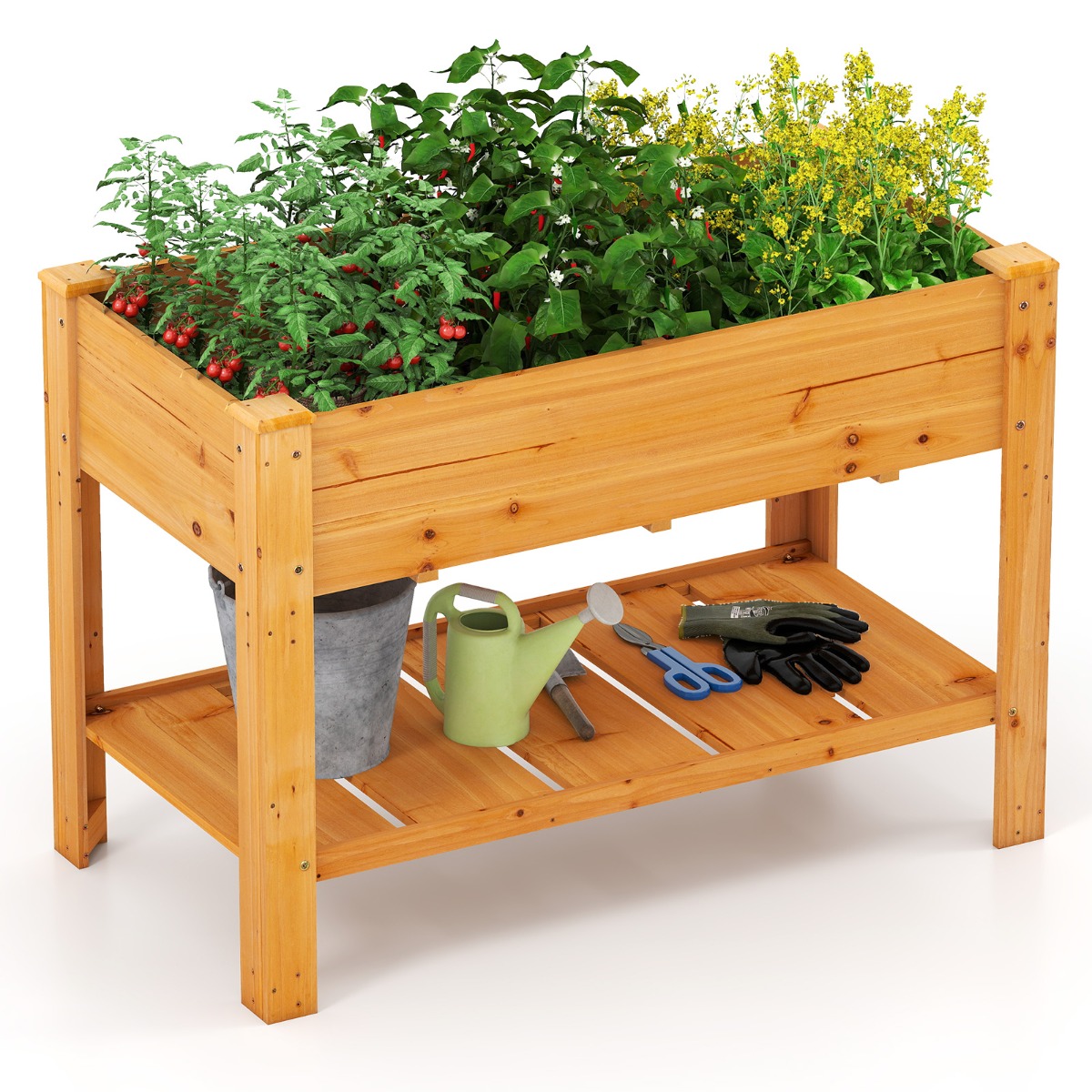 Pruun puidust kõrgendatud peenar riiuliga