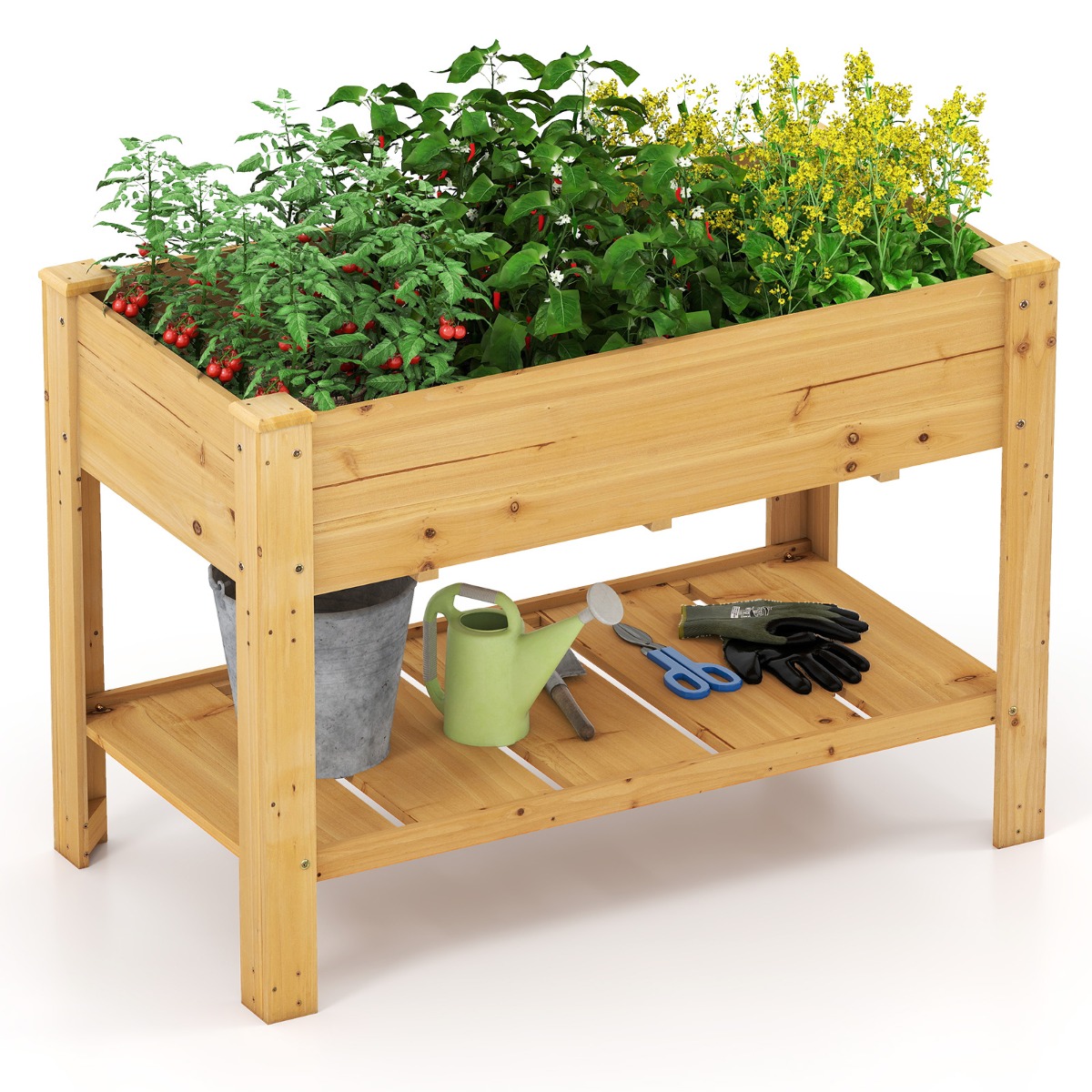 Naturaalne puidust kõrgendatud peenar riiuliga