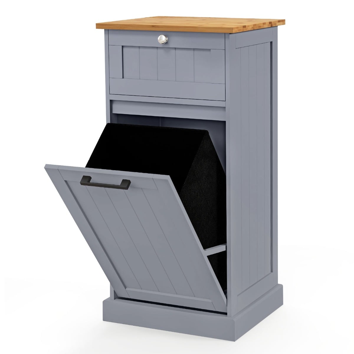 Pesukapp pesukorvi ja sahtliga ning bambusest lauaplaadiga, pesukorv, hall