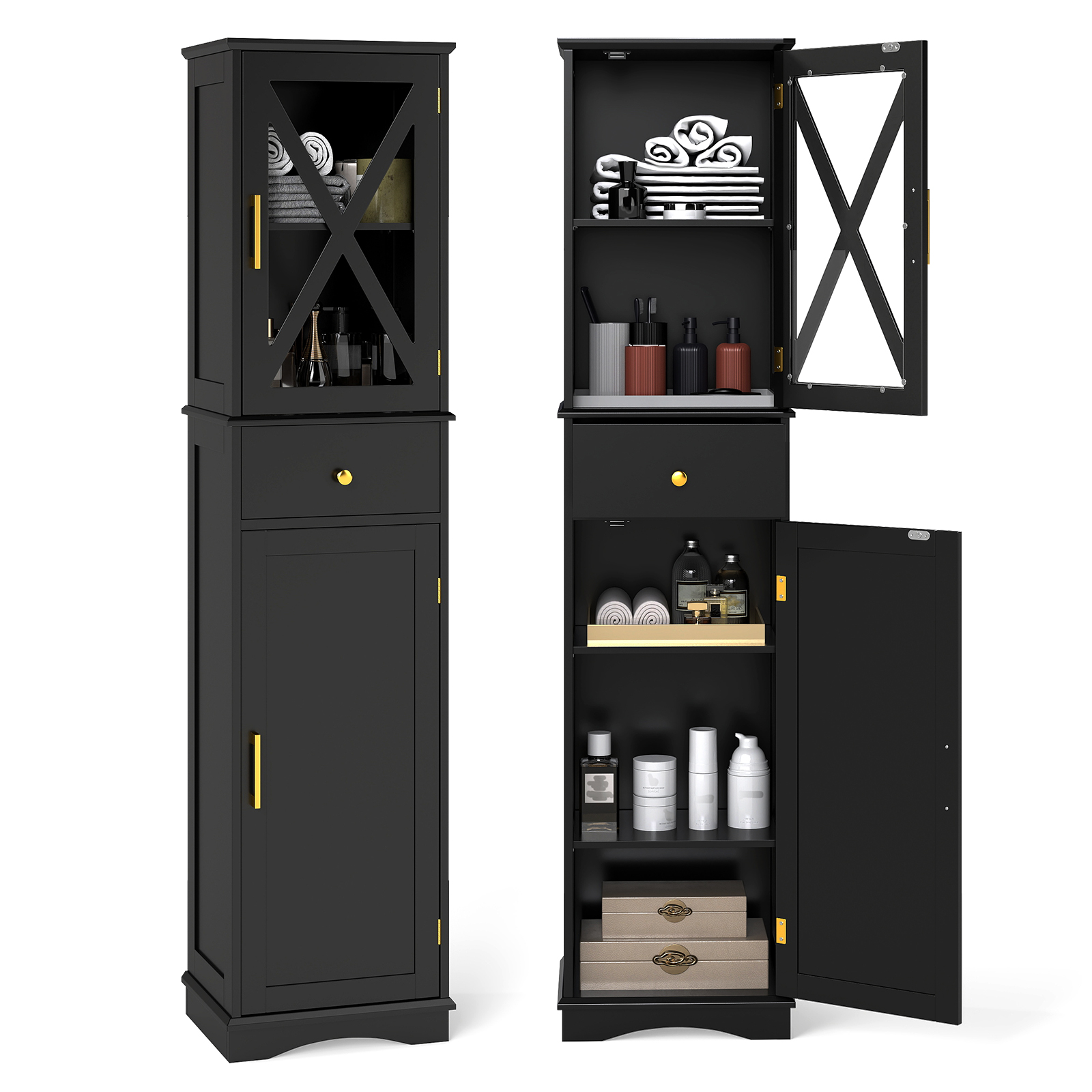 Vannitoakapp kõrge kapp reguleeritavate riiulite ja sahtliga must vannitoakapp