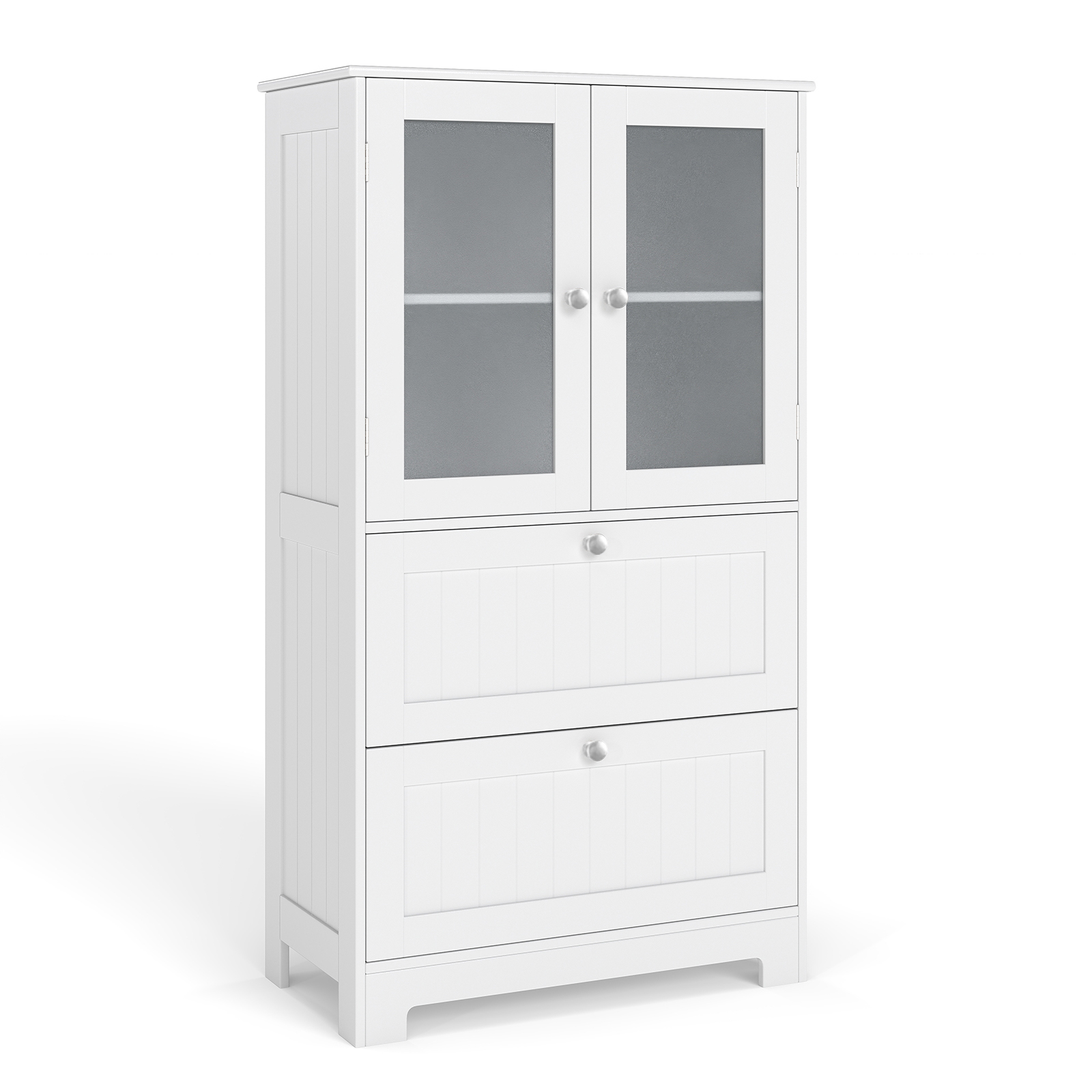 Vannitoakapp 2 sahtli ja 2 klaasuksega ning reguleeritava riiuliga kõrge kapp valge