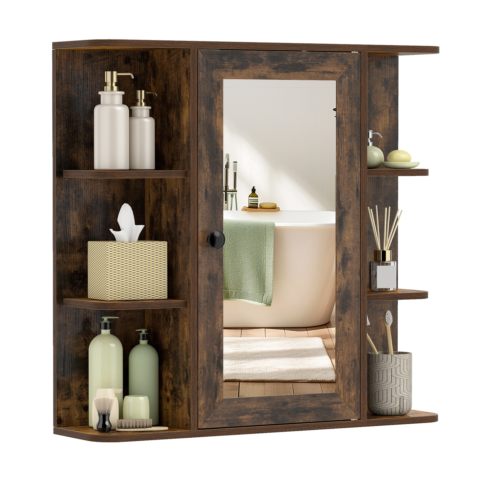 Vannitoa peegelkapp 3 sisemise riiuli ja 6 avatud sektsiooniga. Peegeldiga vannitoakapp, maalähedane pruun.