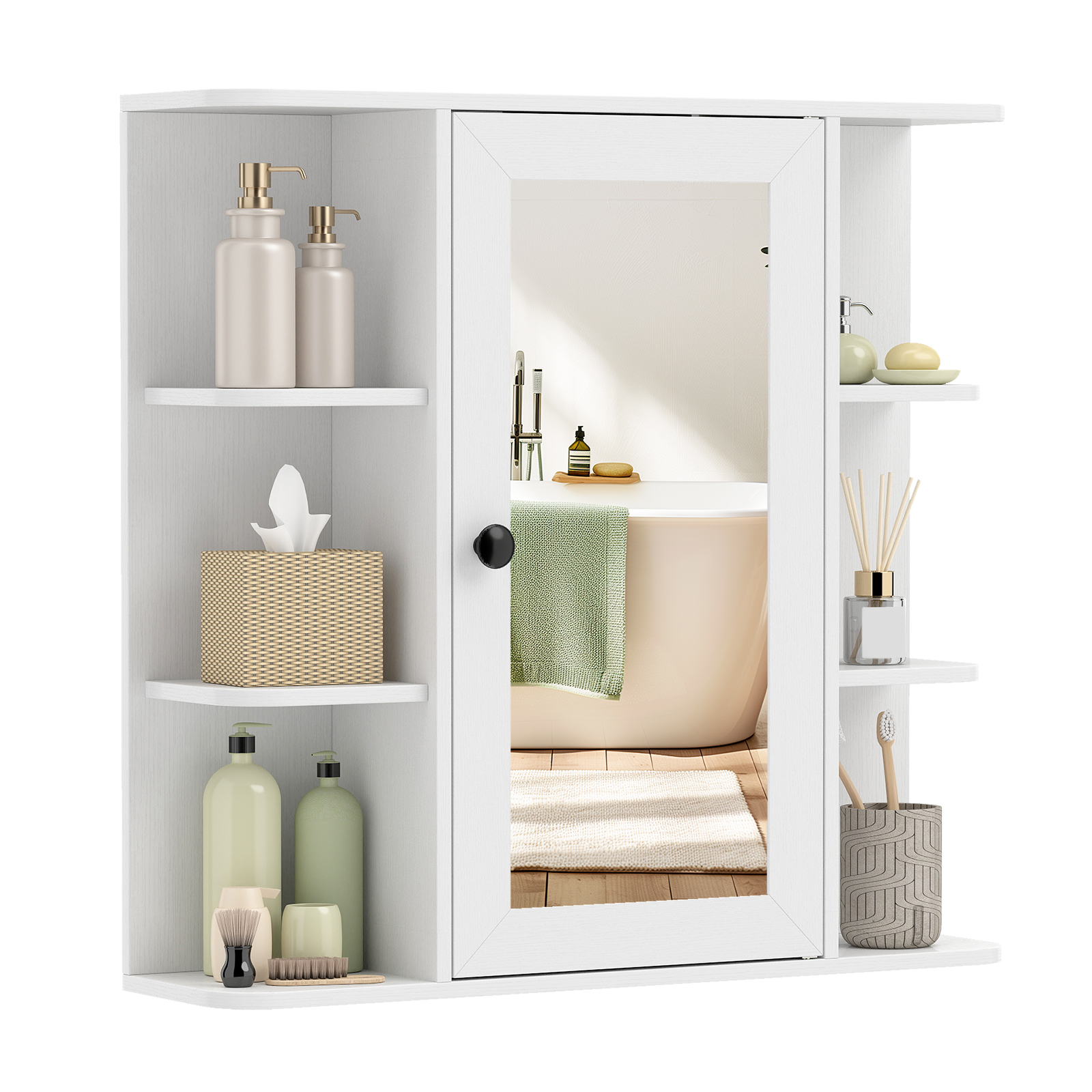 Vannitoa peegelkapp 3 sisemise riiuli ja 6 avatud sektsiooniga, valge vannitoakapp peegliga