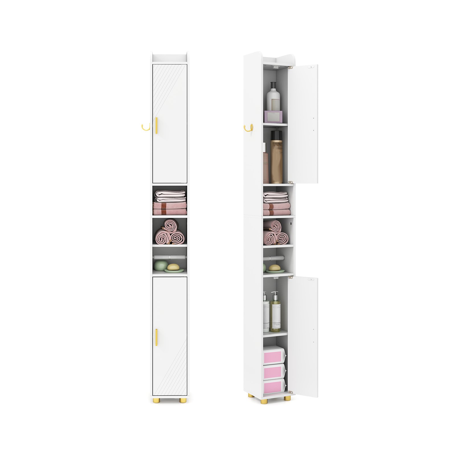 Kitsas vannitoakapp tualettpaberihoidja ja külgkonksuga kõrge kapp valge